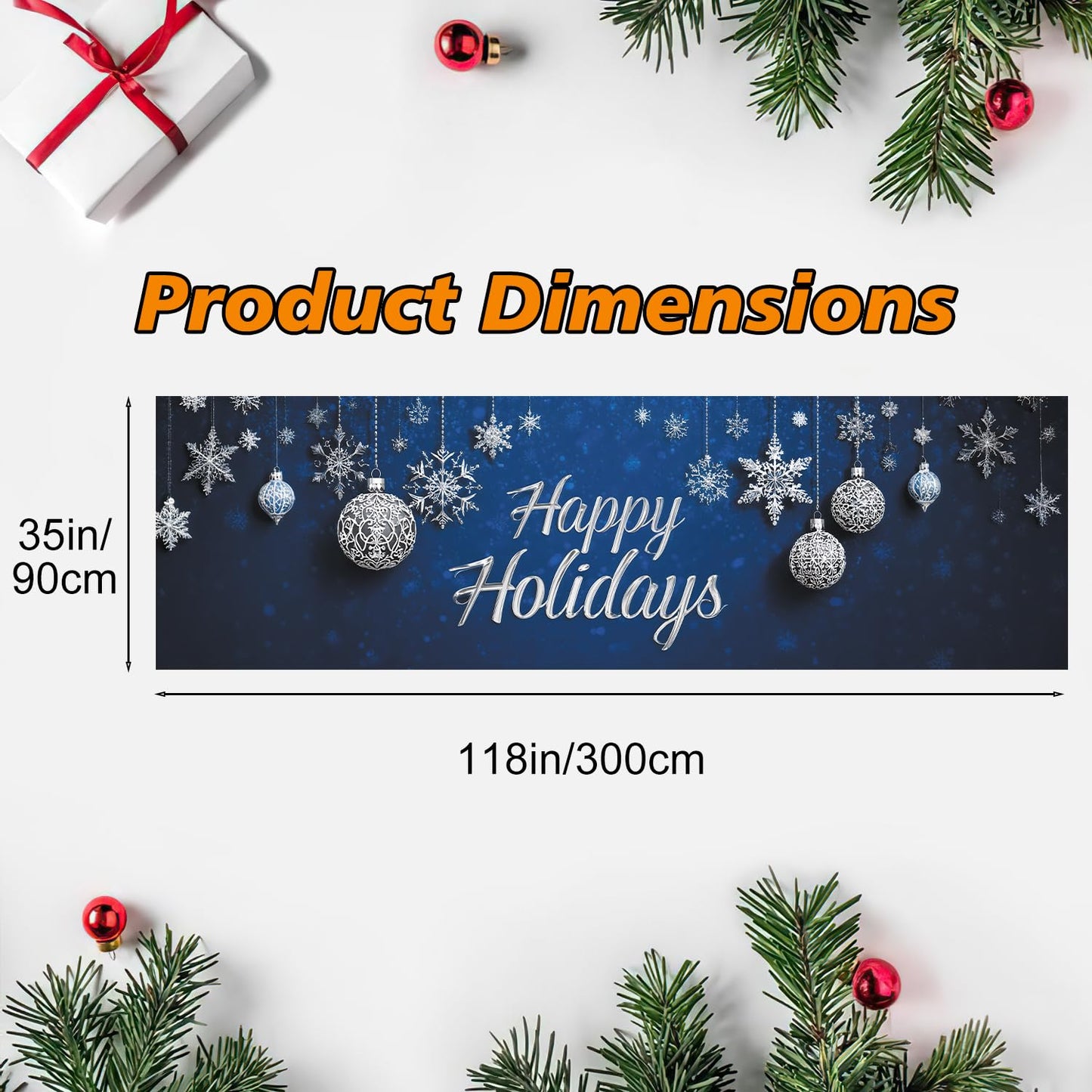 Happy Holiday swith Snowflakes and Ornaments Banner 10x3 Ft - Outdoor Christmas Decor with Interactive Illusion of Santa Emerging, Fun Holiday Display