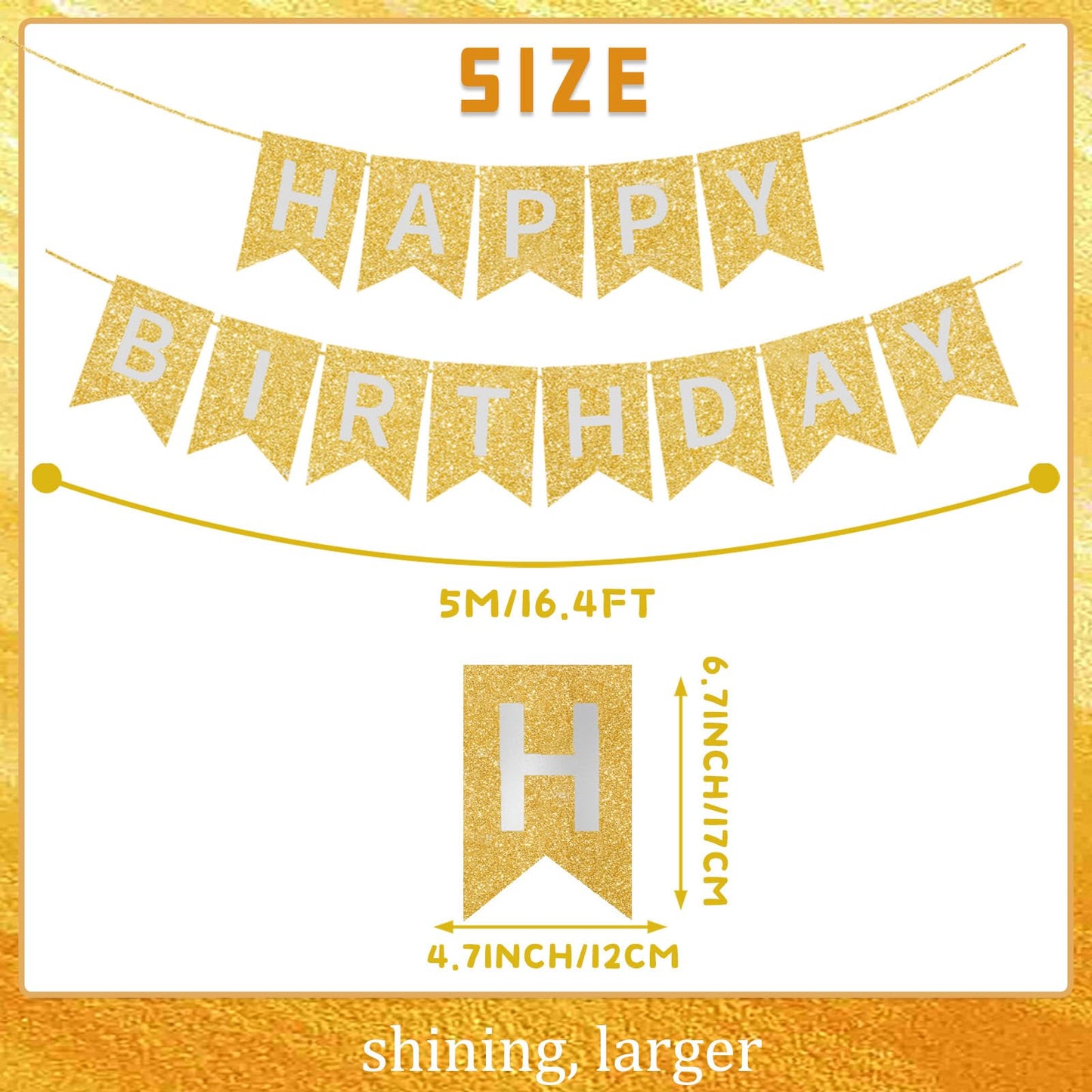 Gold Happy Birthday Banner - 16 ft Pre-Strung Gold Birthday Party Decorations Sign for Girls, Boys, Kids, Women - No DIY Hanging Backdrop for Indoor & Outdoor Celebrations