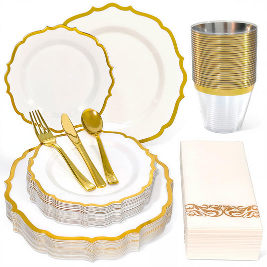 Glowserve 175 Plastic Dinnerware Set Gold Disposable Dinnerware Set for 25 Guests Include 50 Plastic Plates 25 Silverware Set 25 Cups and 25 Napkins for Mother's Day Party Wedding Birthday