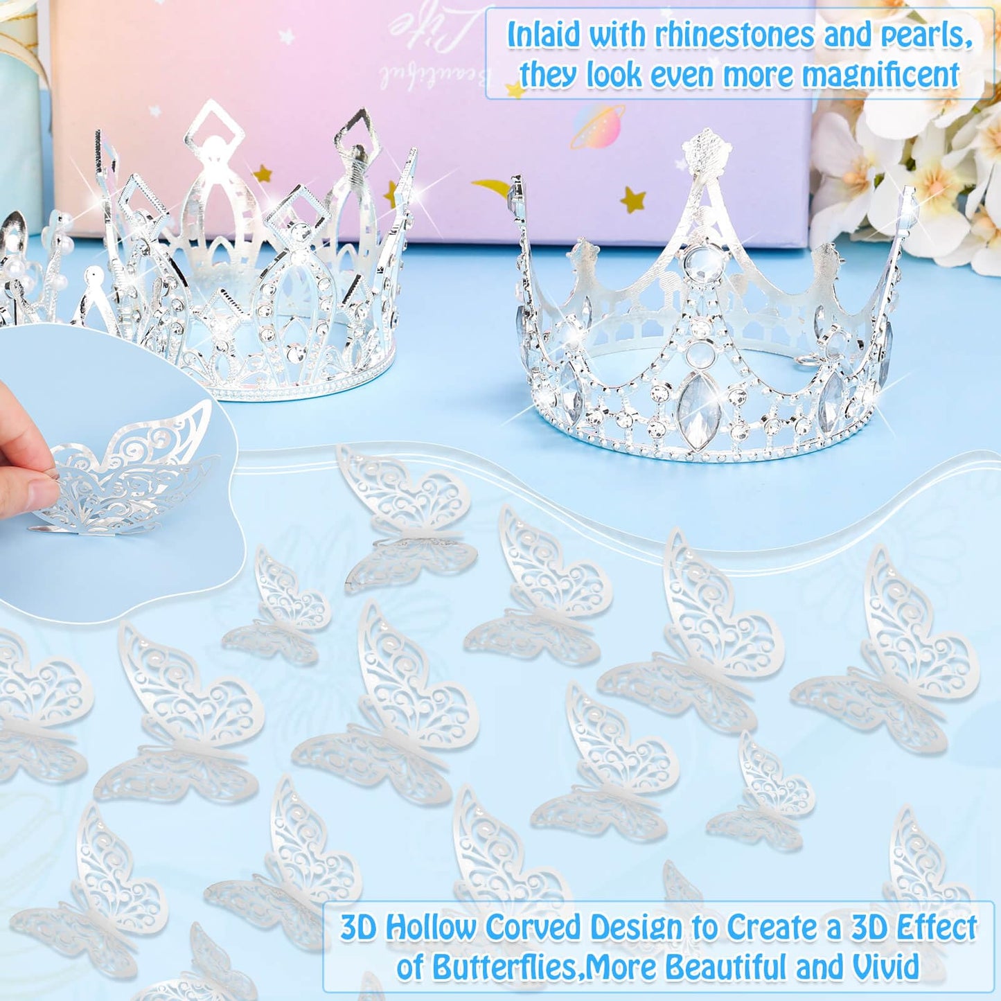 cridoz Flower Bouquet Accessories Including 4 Pcs Silver Crowns, 12 Pcs Butterfly Decorations and 50 Pcs Flower Pins for Flower Bouquets and Cake Topper Decoration