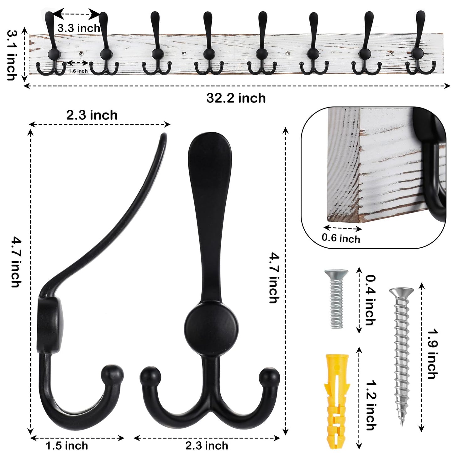 Kuhome 32.2'' Large Coat Rack Wall Mount Coat Hooks with 8 Metal Black Triple-Hooks Old White Pine Real Wood Plank Hat Rack for Wall Hooks