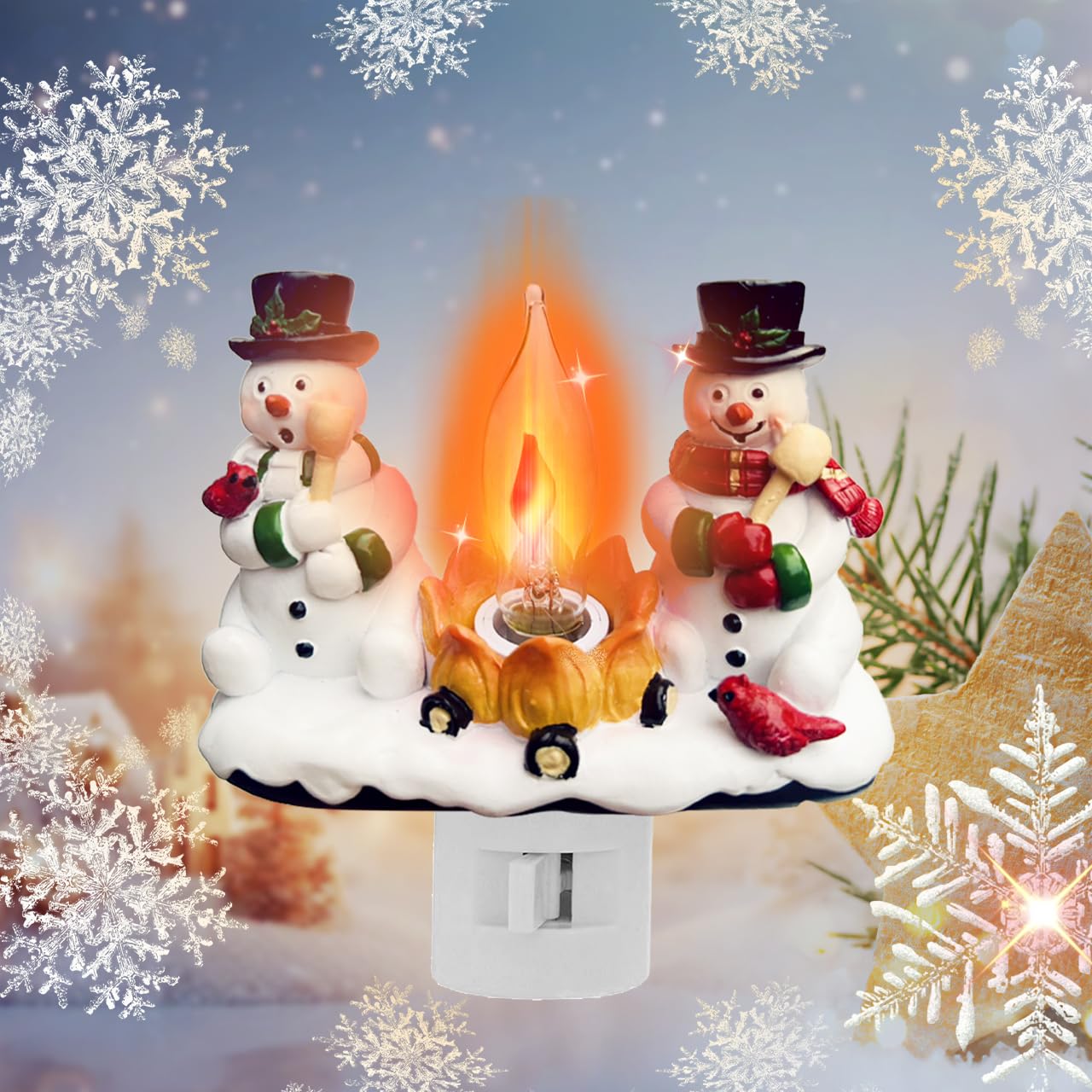 Christmas Decorations，Snowman Campfire Night Light，4 Inch Resin Rotating Plug Christmas Night Light with Flame Flicker Effect, Suitable for Children's Room, Hallway, Living Room, Staircase Decoration