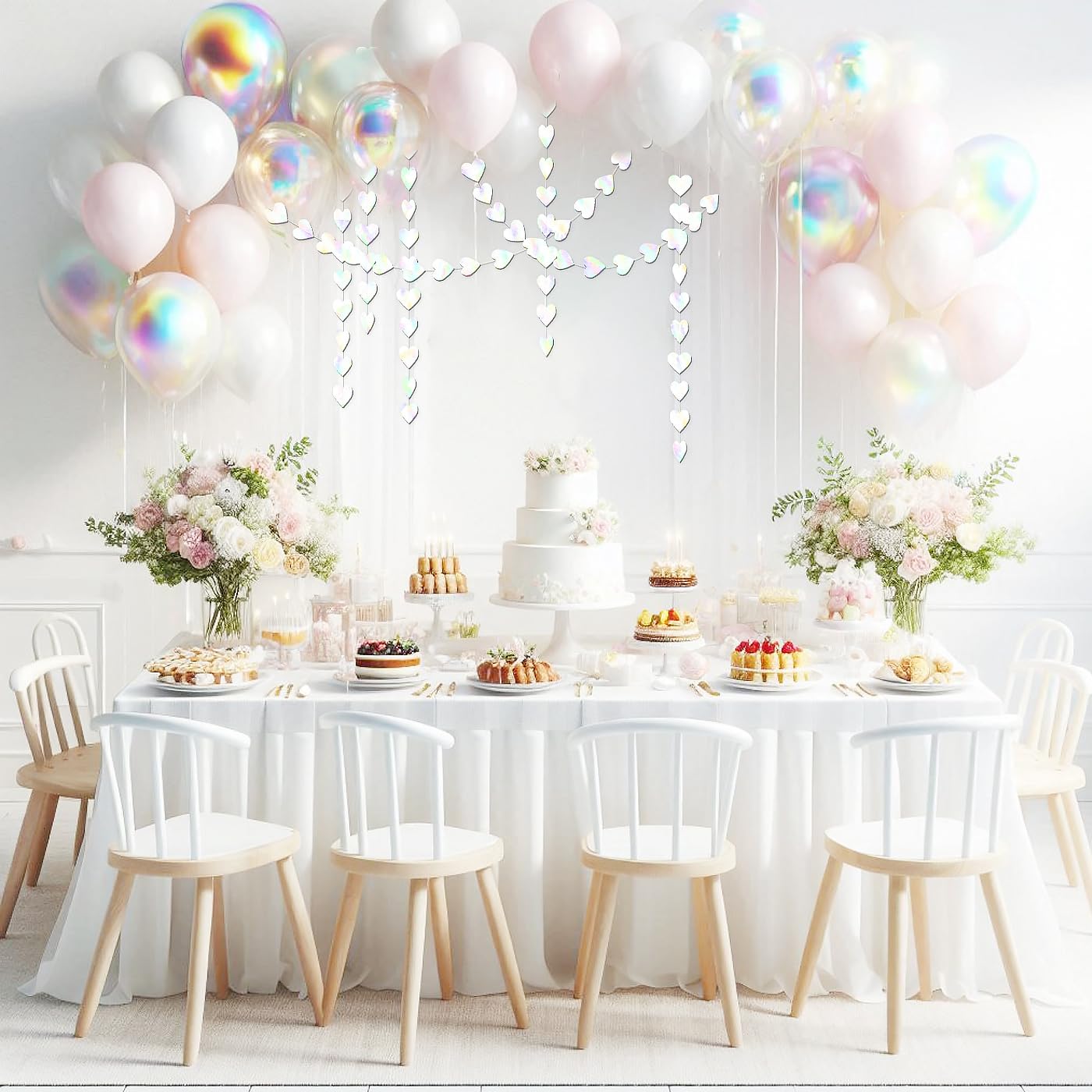 Iridescent Party Decorations - 52ft Paper Heart Garland Streamers Banner for Birthday Wedding Bachelorette Baby Shower Bridal Shower Engagement Valentines Day Hanging Decor HongTongTong