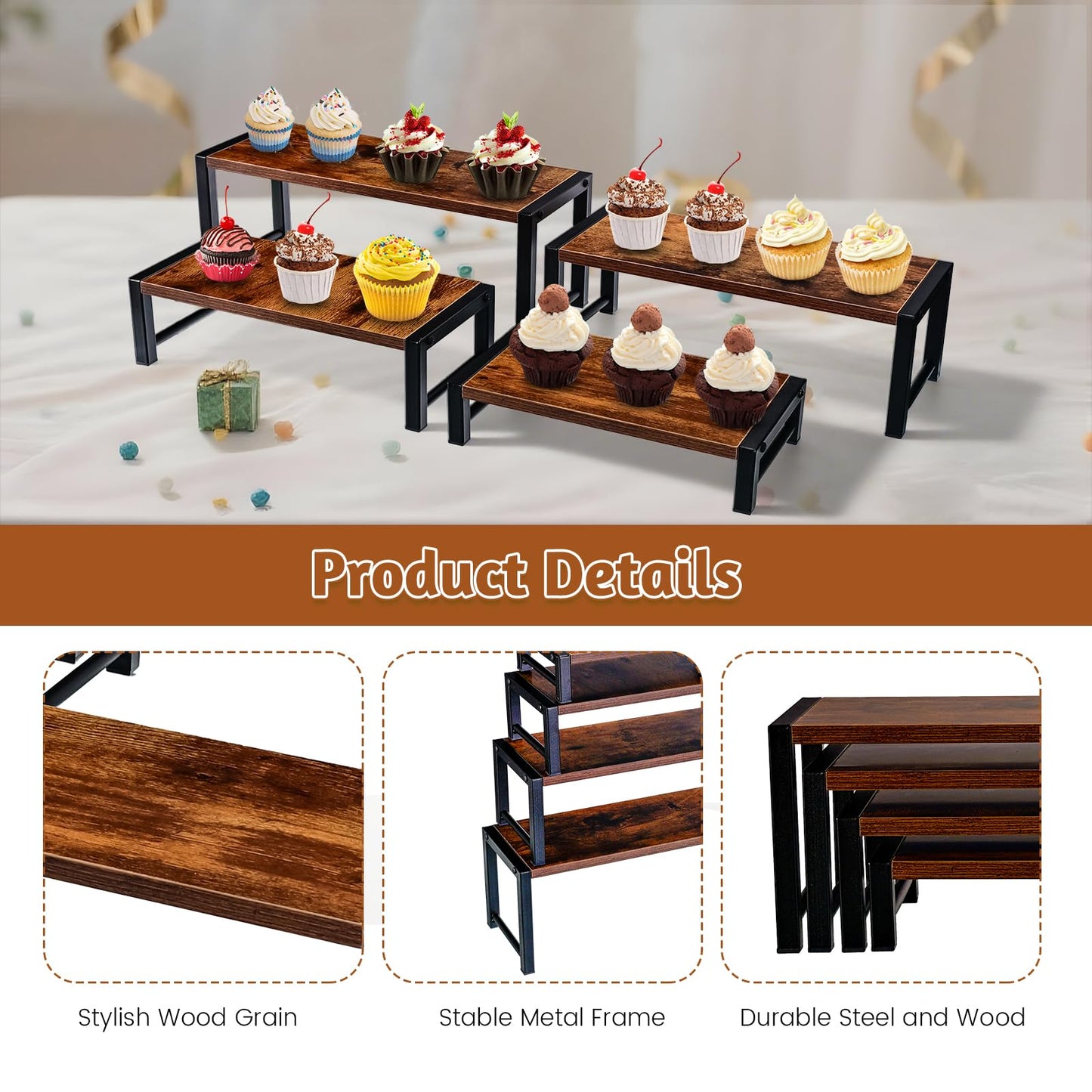 NANXITU 4 Pcs Wood Risers Display Stand, 4 Tier Cupcake Holder with Metal Frame Wooden Risers for Table Display, Perfume Collectibles Organizer Shelf, Tiered Riser for Vendors, Buffet Risers for Food Desserts Party Decor