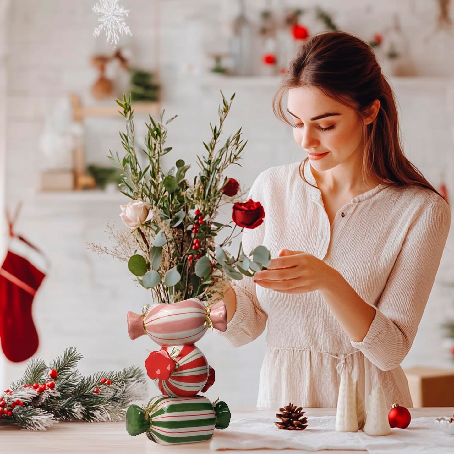 DIF DECO Unique Ceramic Vase,Candy Shape Aesthetic Vase Cute Christmas Decorative Flower Vase 9.88 Inch Modern Funny Vase for Home/Holiday/Weddings/Party Table Flower Decor