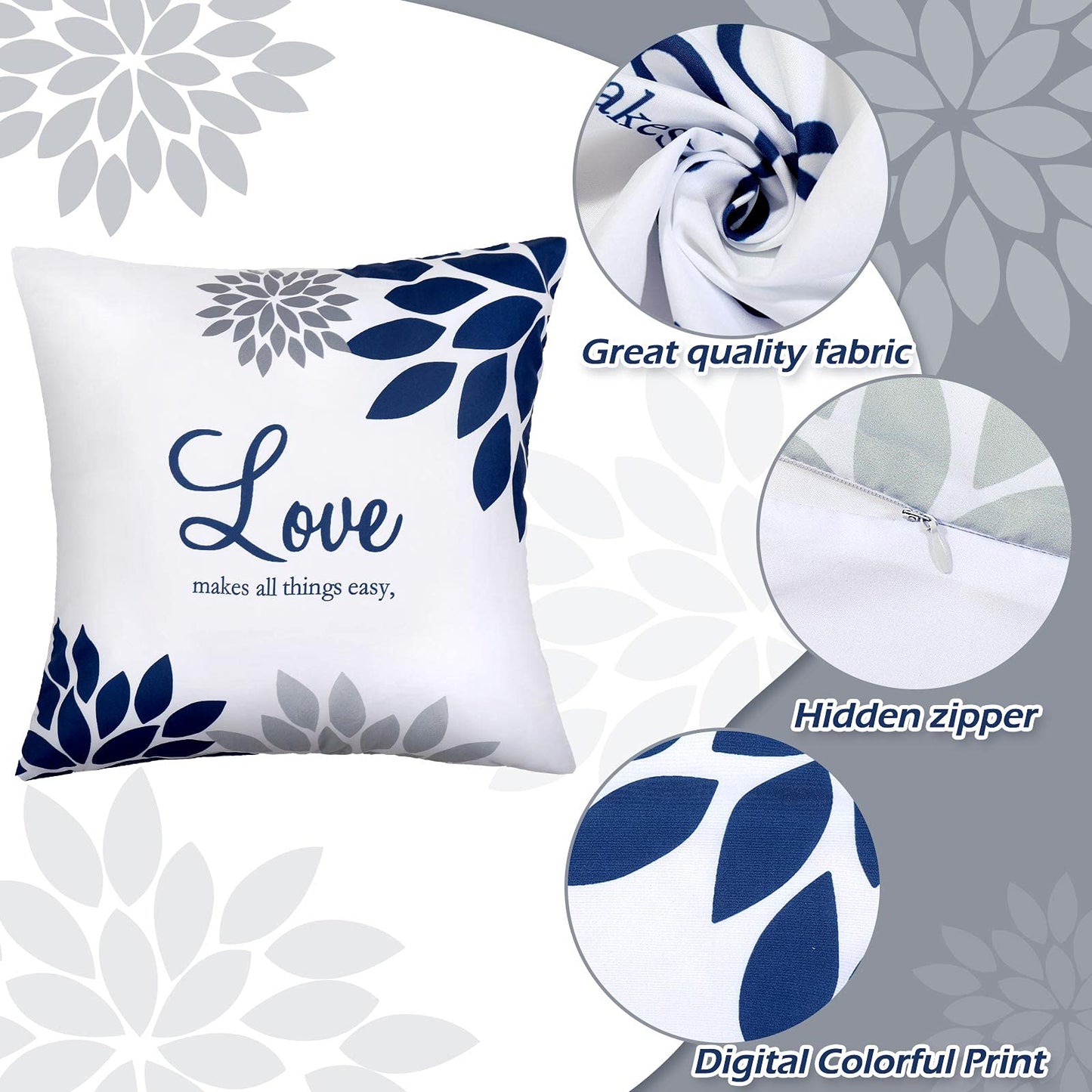Tatuo 4 Pcs Flower Pillow Covers Square Spring Pillow Cushion Cases 18 x 18 Inch Family Faith Hope Love Words Decorative Summer Winter Cushion Case for Bed Couch Sofa Living Room(Gray Series)