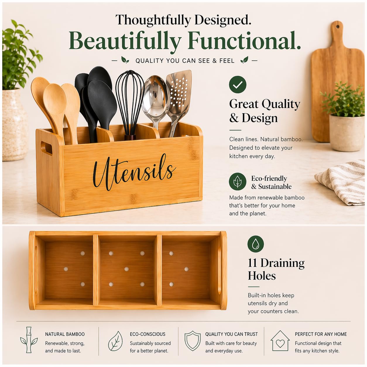 Bamboo Kitchen Utensil Holder for Countertop – Large 3-Compartment Organizer & Caddy with Drain Holes, Farmhouse Utensil Holder for Kitchen Counter, Rustic Wood Storage for Spoons & Spatulas