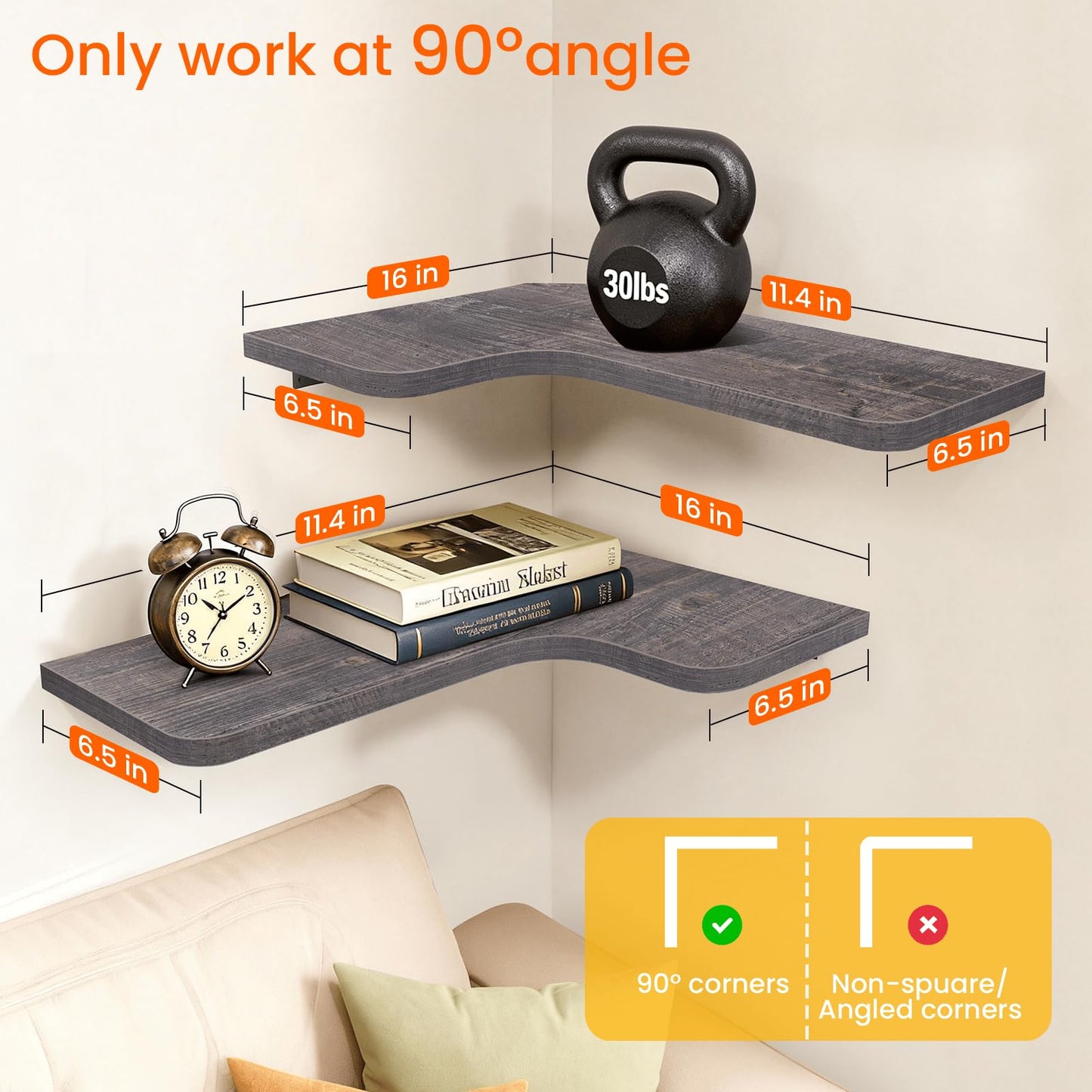 Homode Corner Shelves Wall Mounted, Set of 3 Floating Corner Shelves with Cord Hole, 3 Tier Wooden Hanging Shelves for Storage and Display, for Bathroom Kitchen Living Room, Rustic Grey