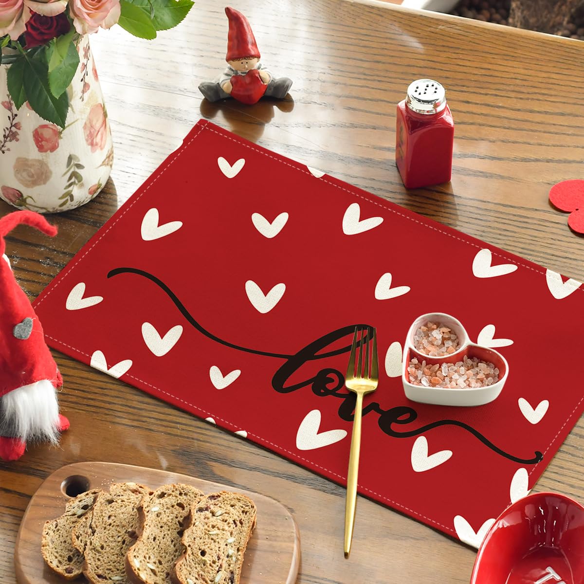 Artoid Mode Red Love Hearts Placemats Set of 4, 12x18 Inch Seasonal Anniversary Holiday Table Mats for Party Kitchen Dining Decoration
