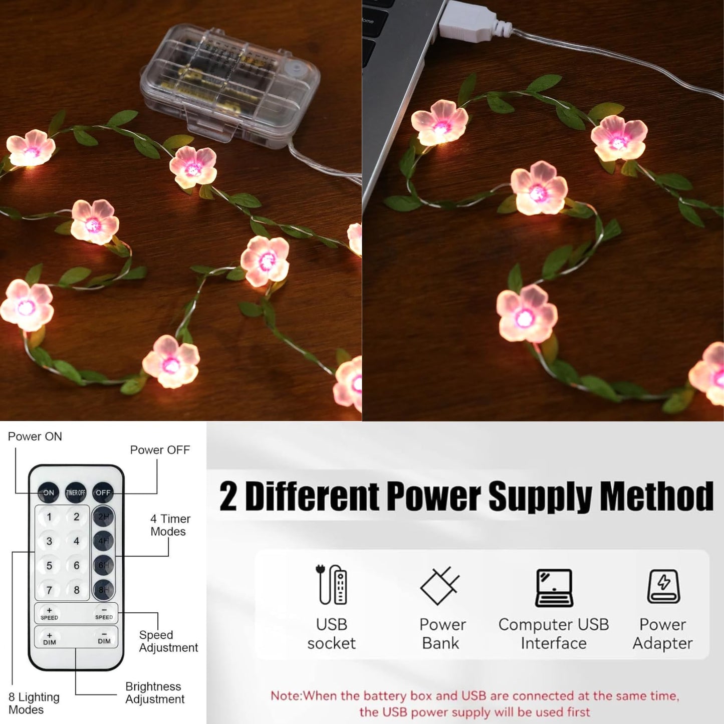 Cherry Blossom Vine Lights 13ft 40 LED Flower String Lights USB Plugin & Battery Operated Fairy Lights with Timer 8 Modes Remote Decorative Light for Mother's Day Graduation Bedroom Wedding Party