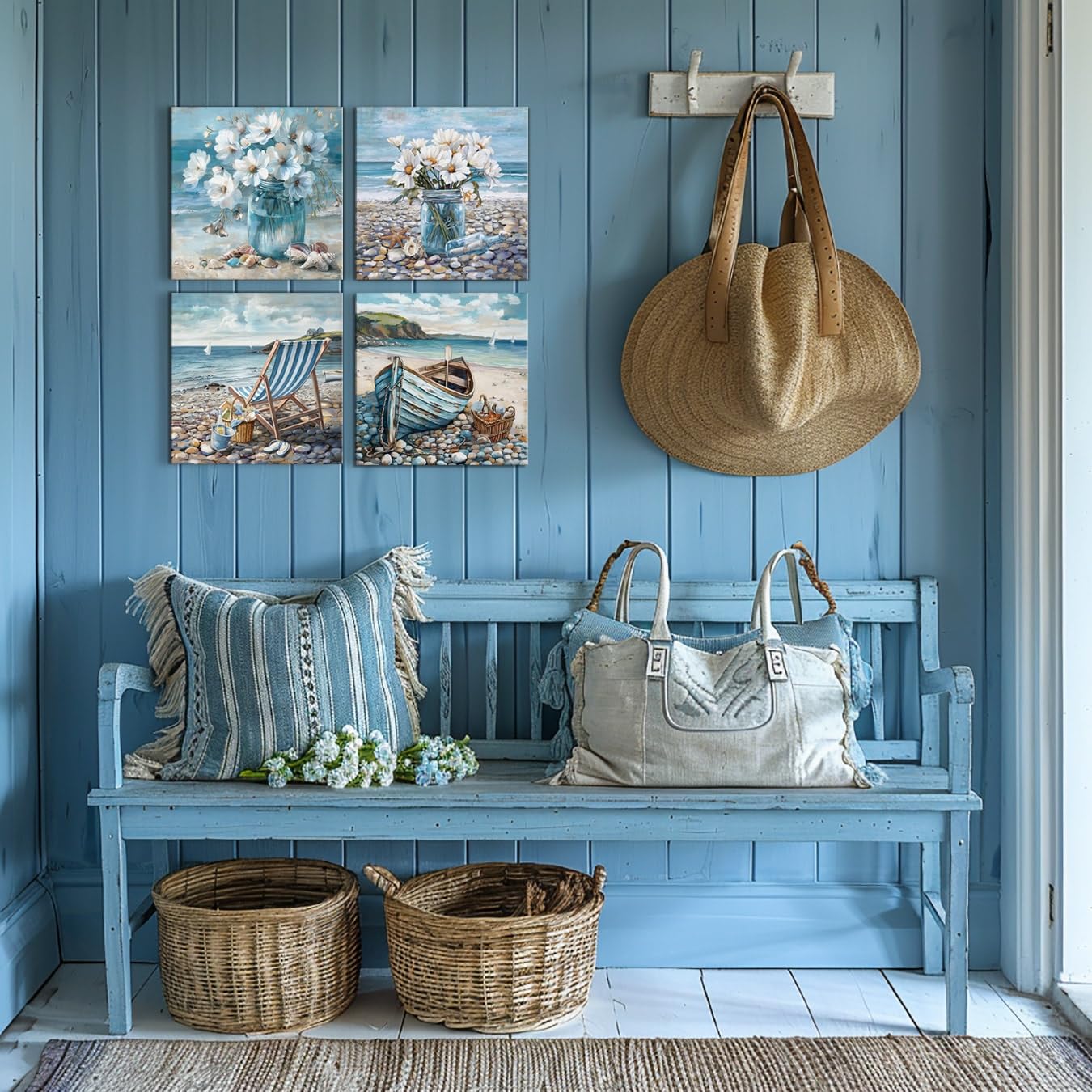 Bathroom Decor Beach Wall Art Ocean Theme Blue Picture Canvas Print Modern Coastal Artwork Framed Hanging Dining Office Living Room
