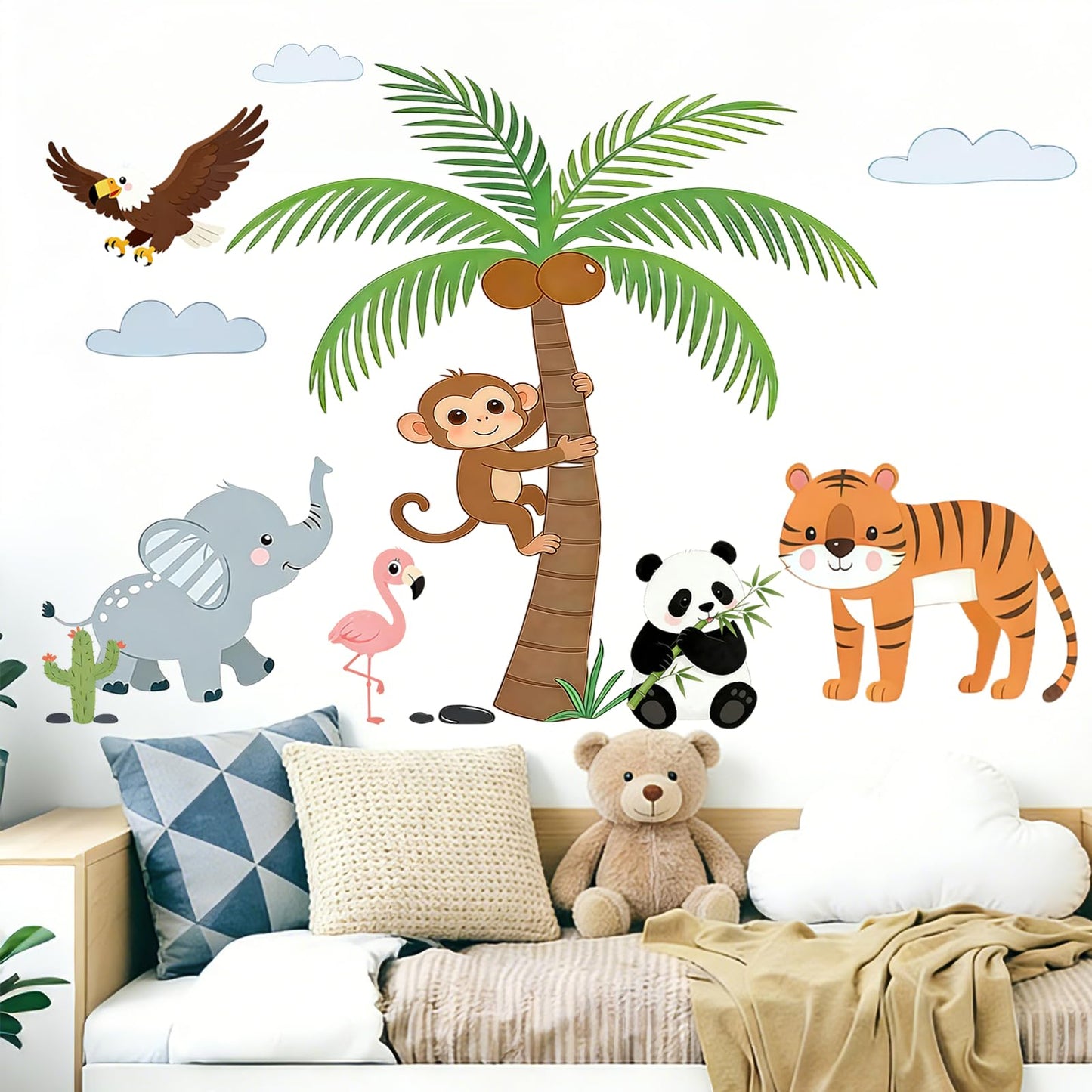 Jungle Tree Animal Wall Decals with Eagle Monkey Tiger Panda Elephant, Peel and Stick Safari Wall Stickers for Baby Nursery, Kids Bedroom and Playroom Decor