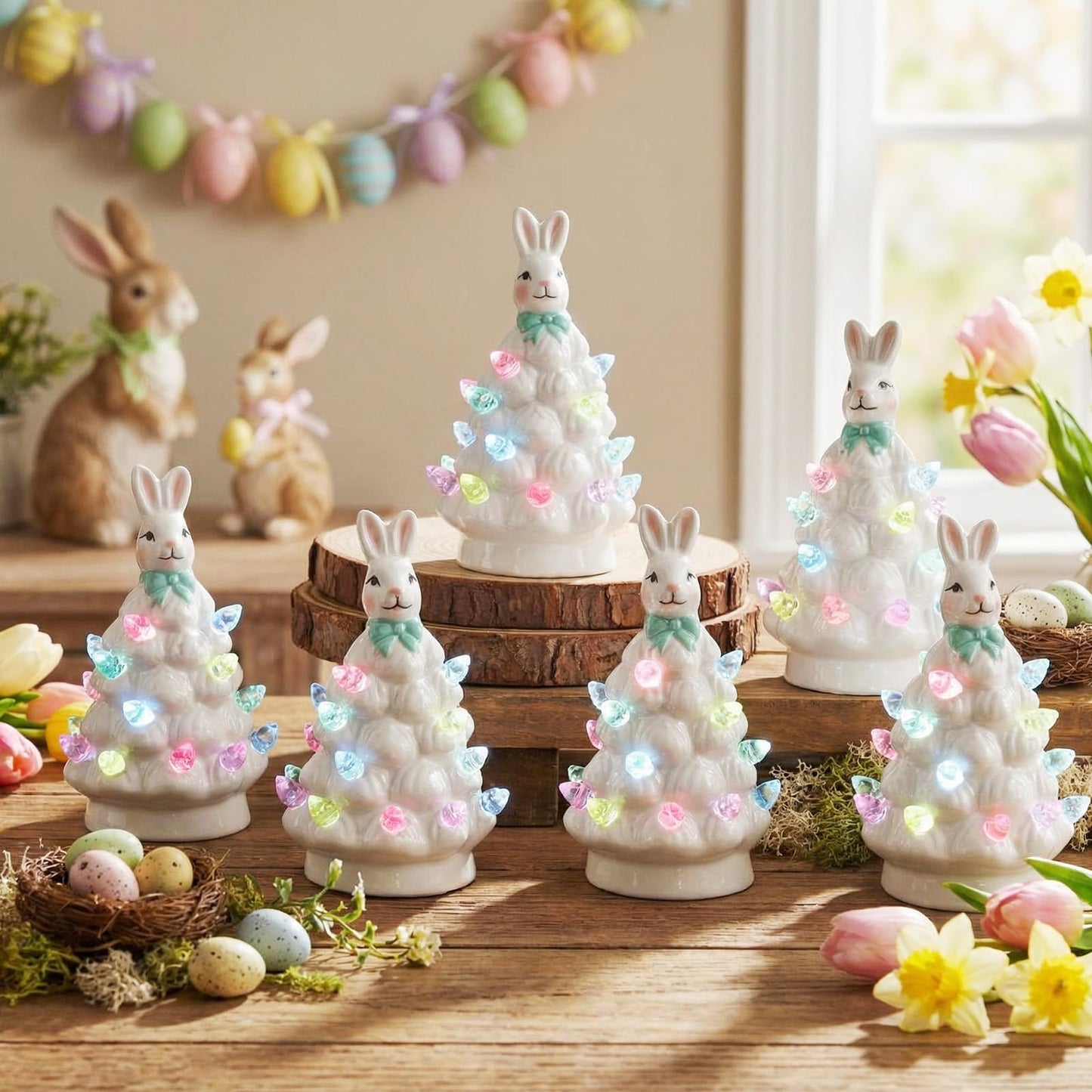 Leinuosen 6 Set Mini 4 Inch Easter Bunny Ceramic Tabletop Tree with LED Lights Easter Bunny Hanging Light up Hanging Ornaments Pre Lit Hand Painted for Table Home Office Holiday Decorations