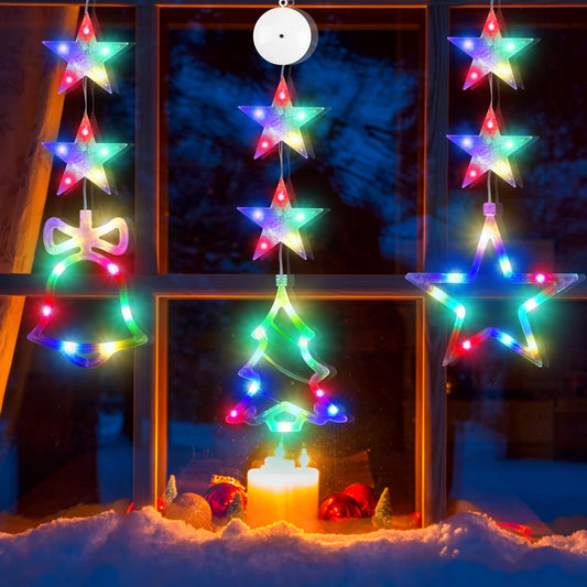 CCINEE 3Pcs Christmas Window Lights Decorations Battery Powered Tree Jingle Bell Star Shaped Multicolored LED Sucker Lamp with Suction Cup for Xmas Tree Fireplace Decor
