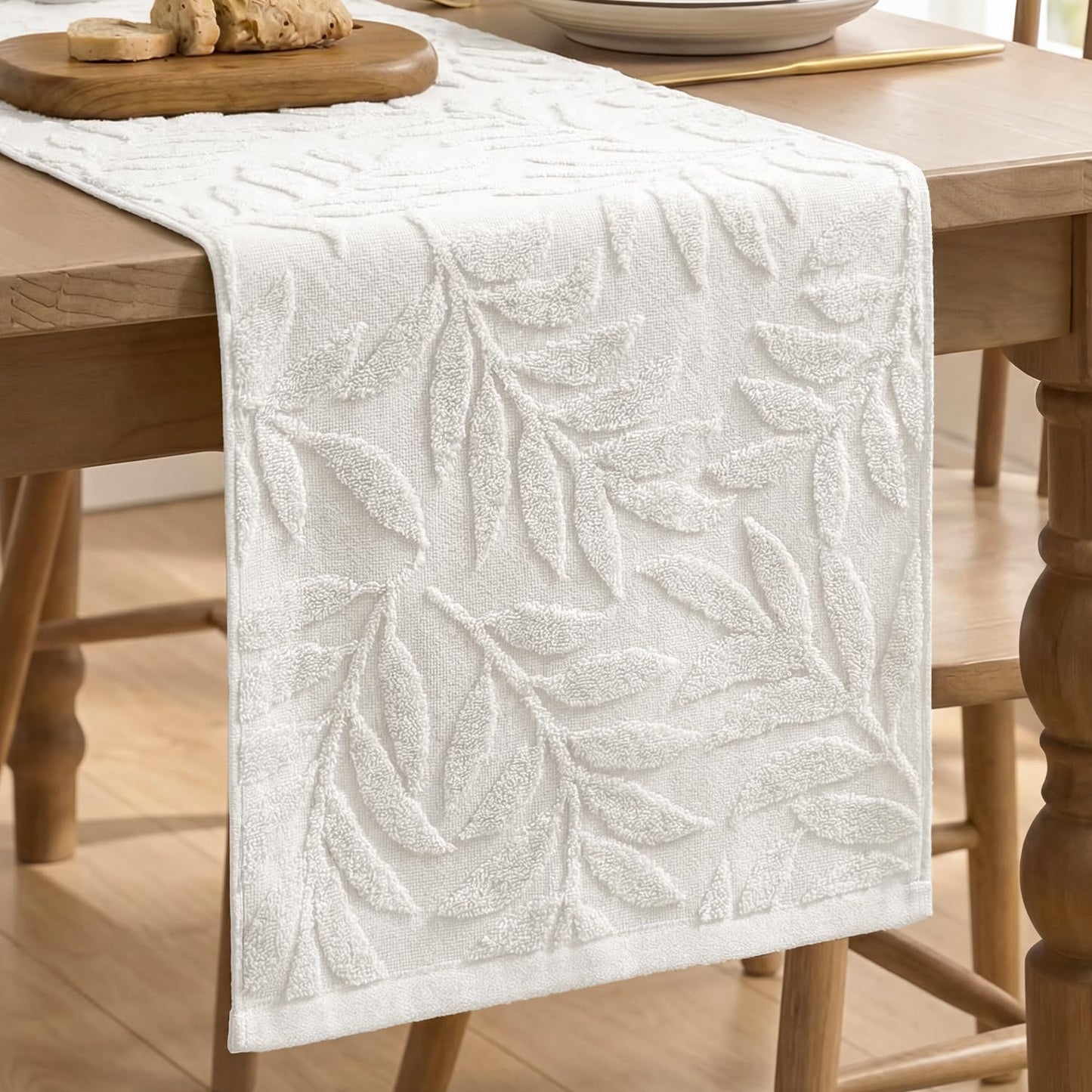 Artoid Mode White Soft Cotton Jacquard Leaves Spring Table Runner, Holiday Kitchen Dining Table Decoration for Home Party Decor 13x72 Inch
