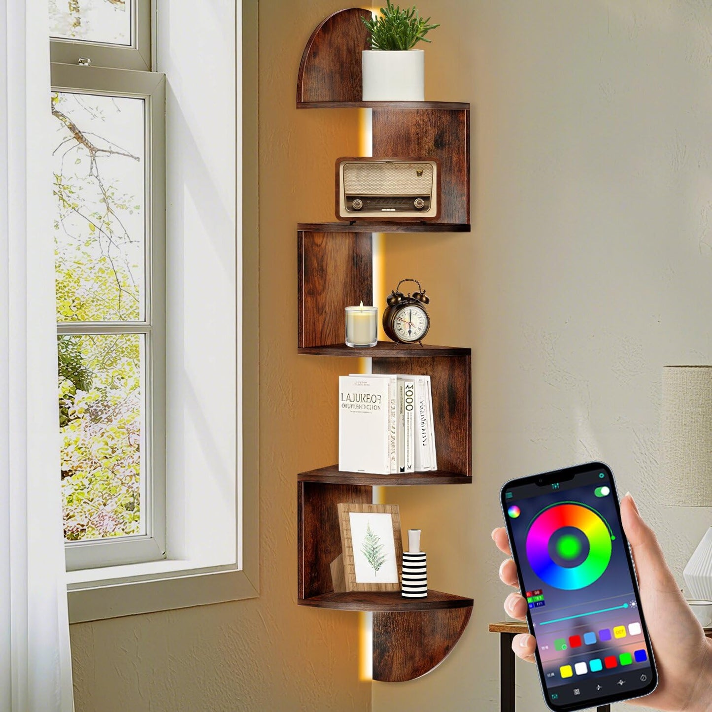 jasenlove Corner Shelf, 5 Tier Corner Shelf Wall Mounted with Light, Corner Floating Shelves, Corner Bookshelf Stand for Bedroom, Bathroom, Living Room, Kitchen, Home (Rustic Brown)