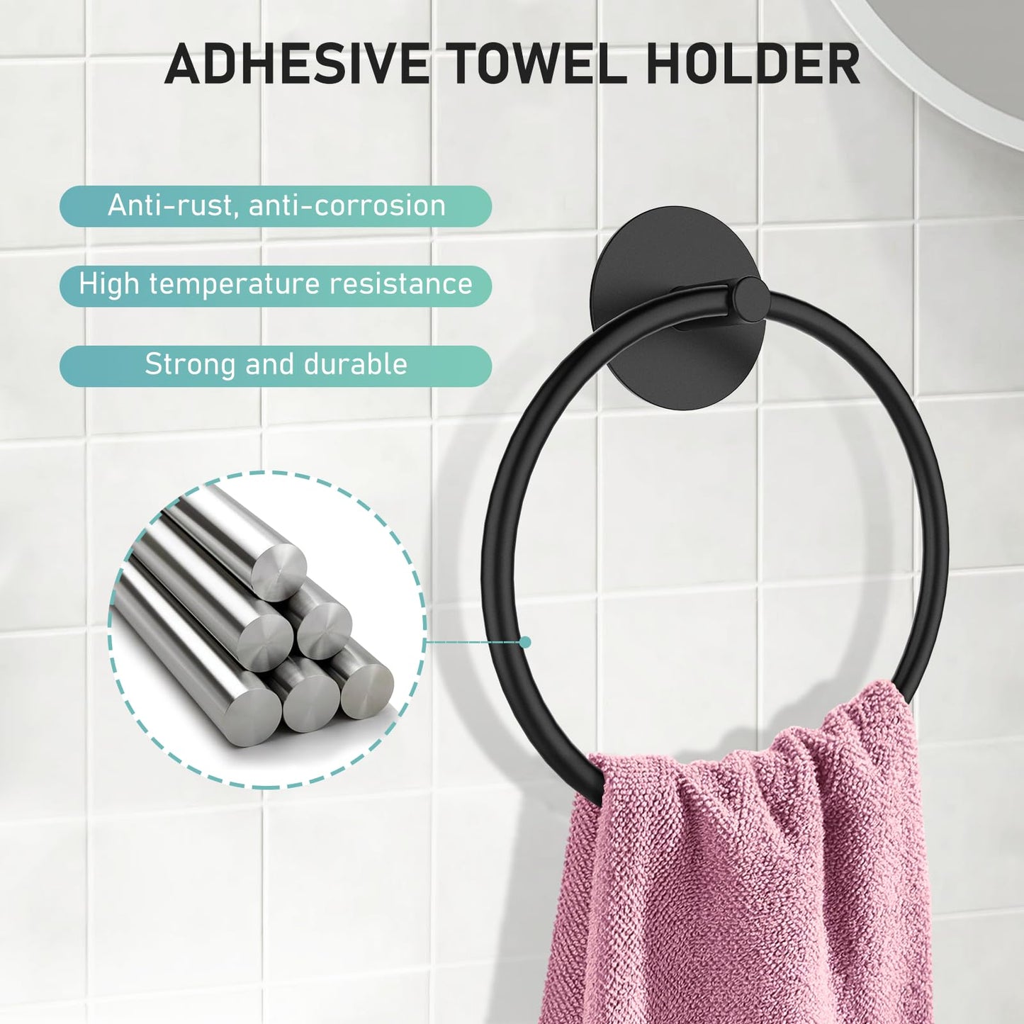 SetSail Adhesive Towel Holder for Bathroom Wall Matte Black Hand Towel Ring Stainless Steel Towel Hanger for Bathroom, Kitchen