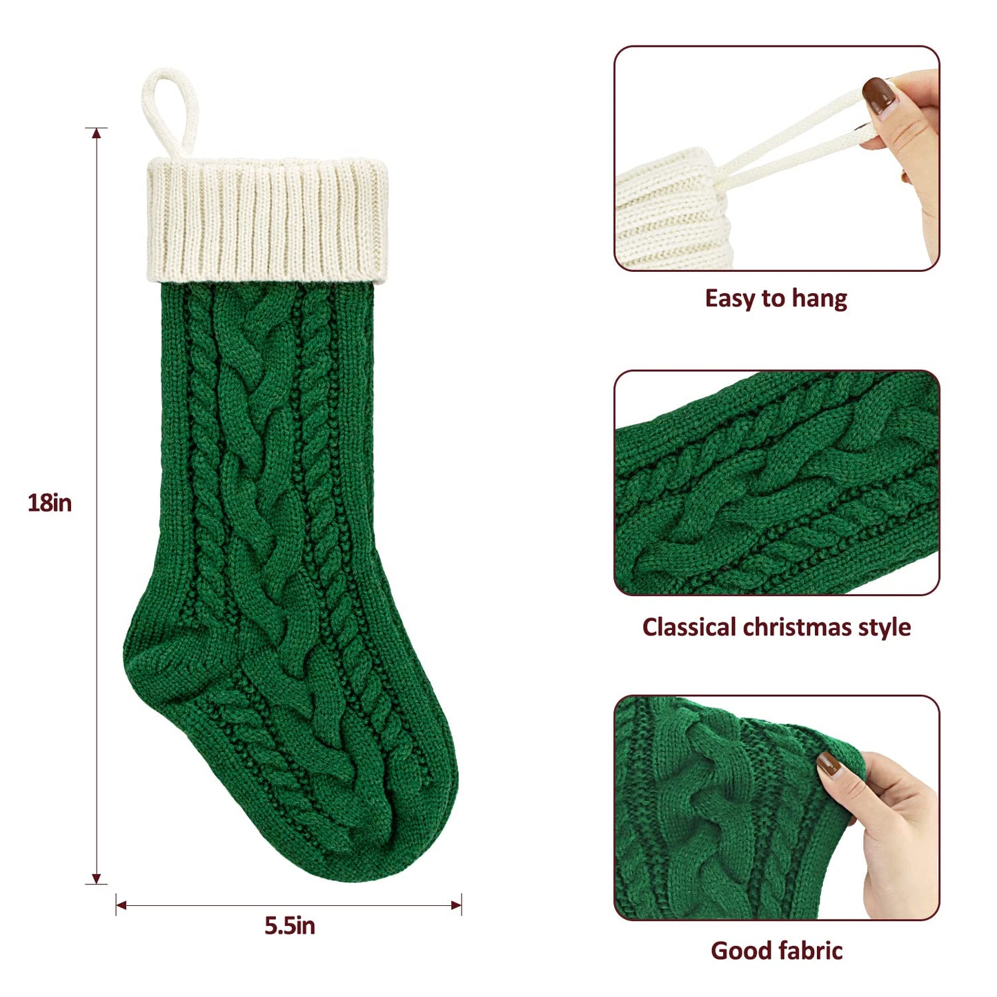 PETOX 2 Pack 18" Personalized Christmas Stockings, 18inch Large Cable Knitted Xmas Hanging Stocking Decorations for Holiday Christmas Party Family Decor (Lvory/Green)