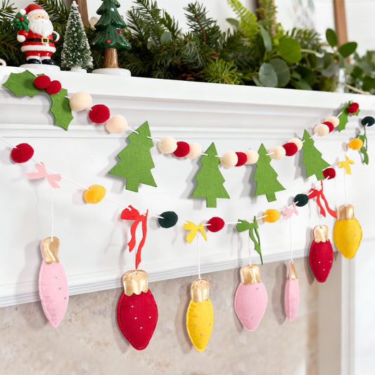 SUNBEAUTY Felt Christmas Garland, Pom Pom Garland Hanging Felt Balls Christmas Decorations,Red Green Christmas Ornaments Banner for Xmas Holiday Decorations,Indoor Outdoor Decor Home Party Supplies