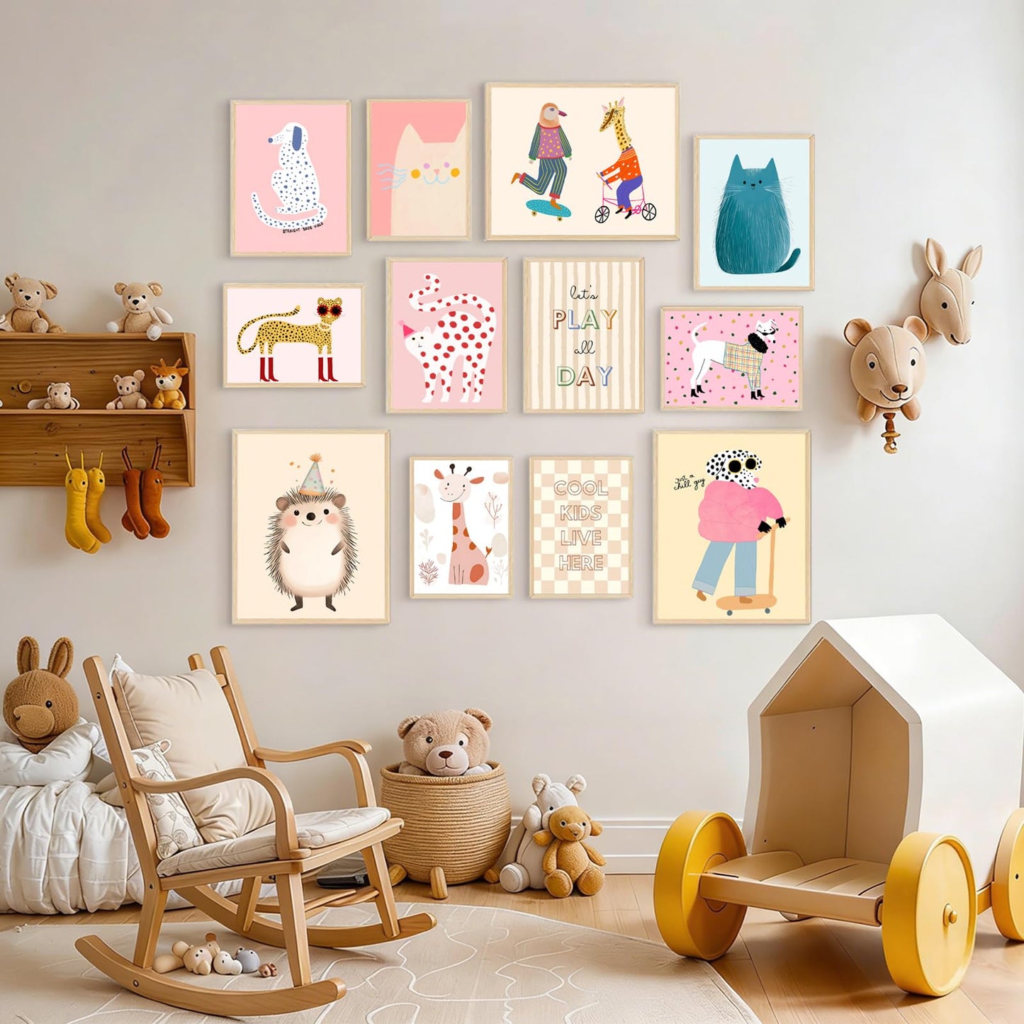 Aroutde 12Pcs Pink Girl Room Decorations Playroom Wall Art, Cartoon Animals Wall Art Funny Cat Dog Giraffe Hedgehog Prints Boys & Girls Kids Toddler Room Bedroom Eclectic Gallery Artwork (Unframed)