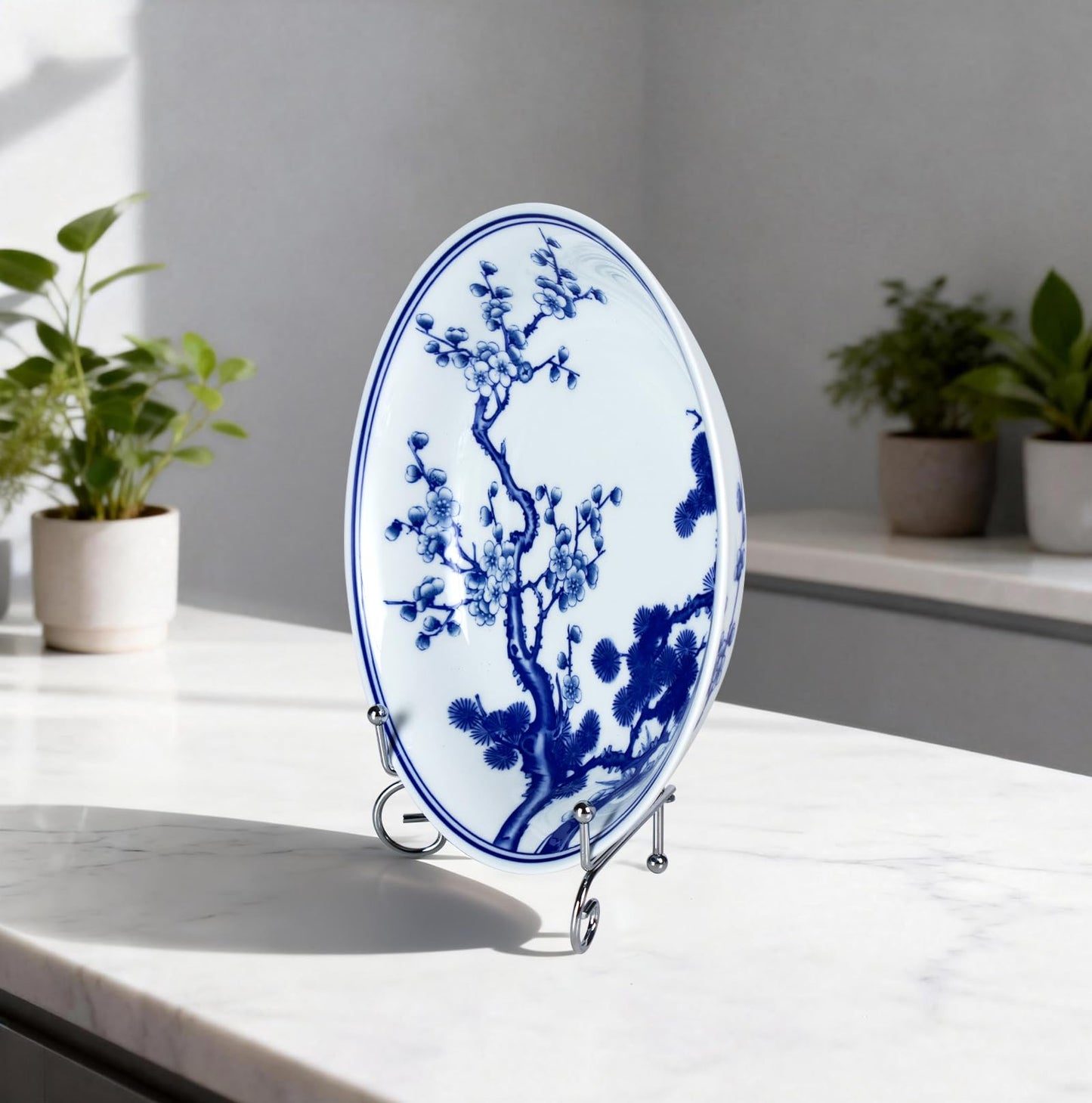 KAMMAK Decorative Plates for Display, White and Blue Ceramic Plate Decor with Stand, Handmade Art Porcelain Ornament for Table, Living Room, Kitchen, Office, Perfect 8in Chinese Style Dish Gift（954N）