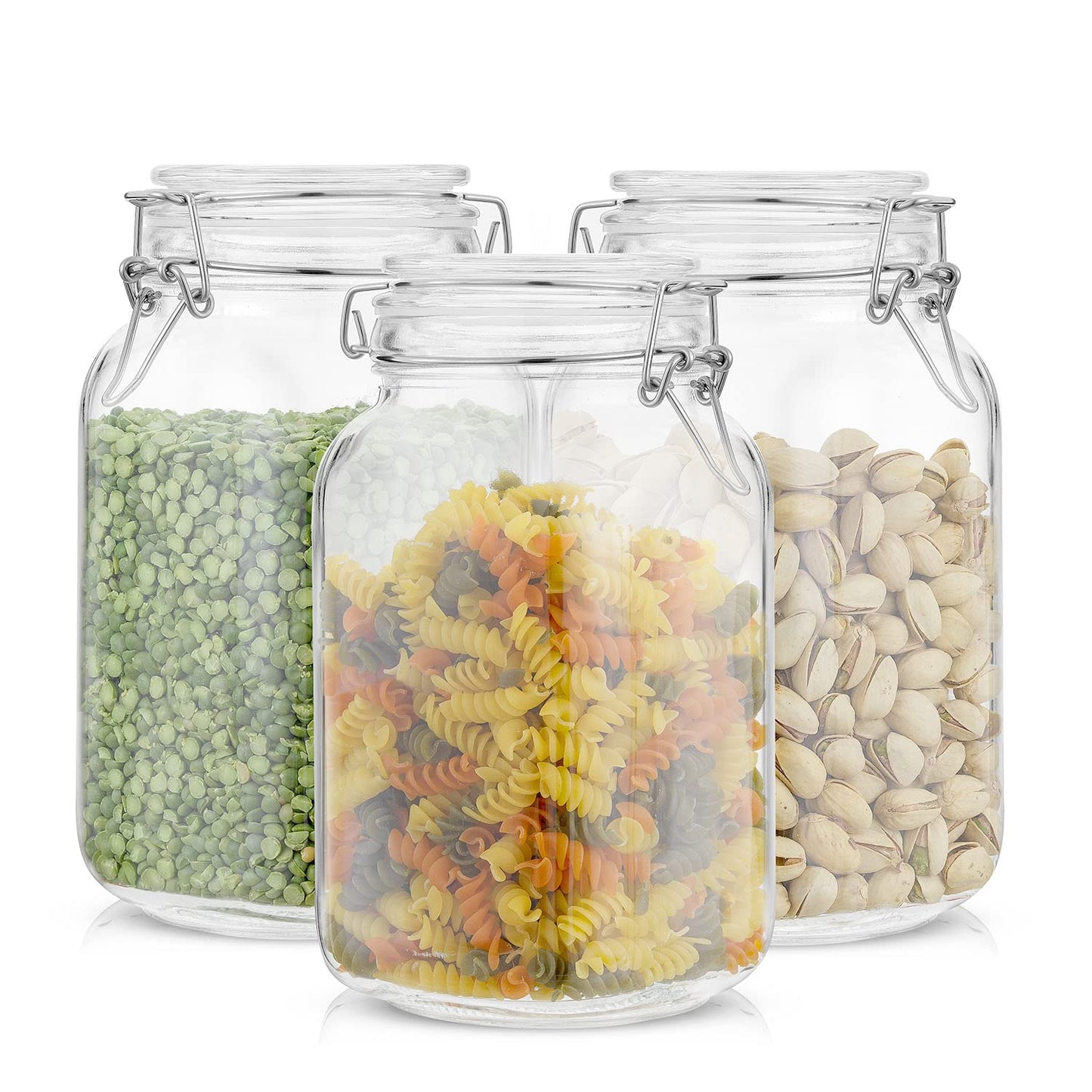 JoyJolt Airtight Glass Jars with Lids Set of 3. 50oz Glass Jar with Lid and 6 Silicone Seals! Med Glass Food Storage Containers. Square Mason Jar, Flour Jar, Candy or Cookie Jars for Kitchen Counter