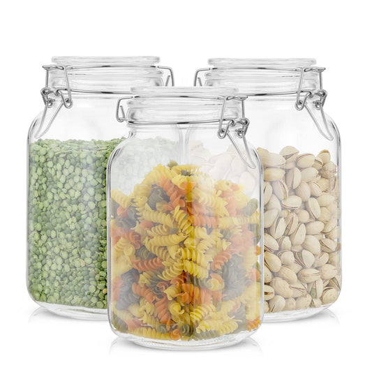 JoyJolt Airtight Glass Jars with Lids Set of 3. 50oz Glass Jar with Lid and 6 Silicone Seals! Med Glass Food Storage Containers. Square Mason Jar, Flour Jar, Candy or Cookie Jars for Kitchen Counter