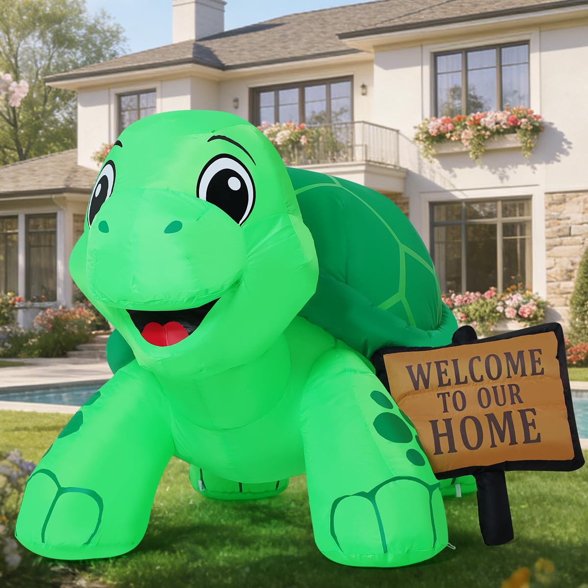 GOOSH 5 FT Long Spring Tortoise Inflatable Outdoor Decoration Blow Up Yard with Welcome Sign Built-in LEDs for Indoor Party Garden Lawn Decor