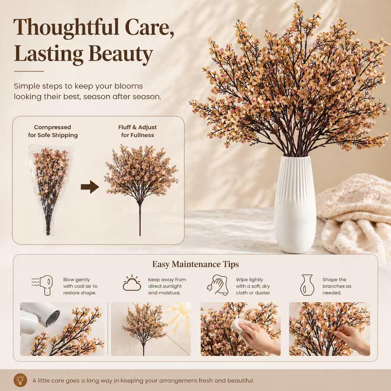 Mandy's Light Brown Artificial Baby’s Breath Flowers 6 Bundles Silk Gypsophila, 18.5 Inch European Style Modern Home Decor Centerpiece, Neutral Wedding Flower Arrangements