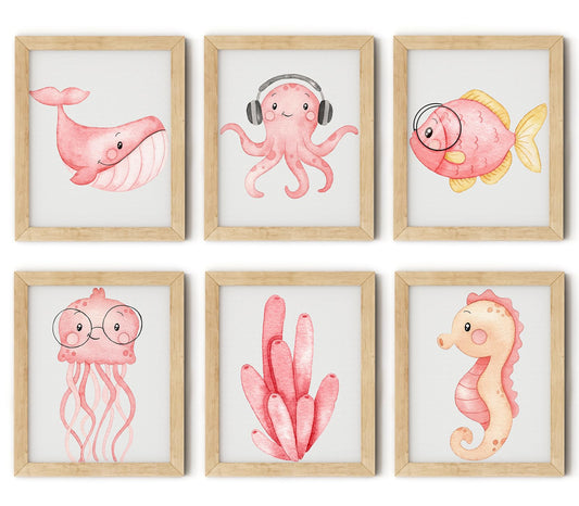 ZZJYYC Ocean Nursery Wall Art Pictures Pink Watercolor Nautical Canvas Art Poster Beach Animal Wall Decor Paintings Sea Whale Jellyfish Seahorse Prints for Baby Kids Room 8x10 Inch Set of 6 Unframed