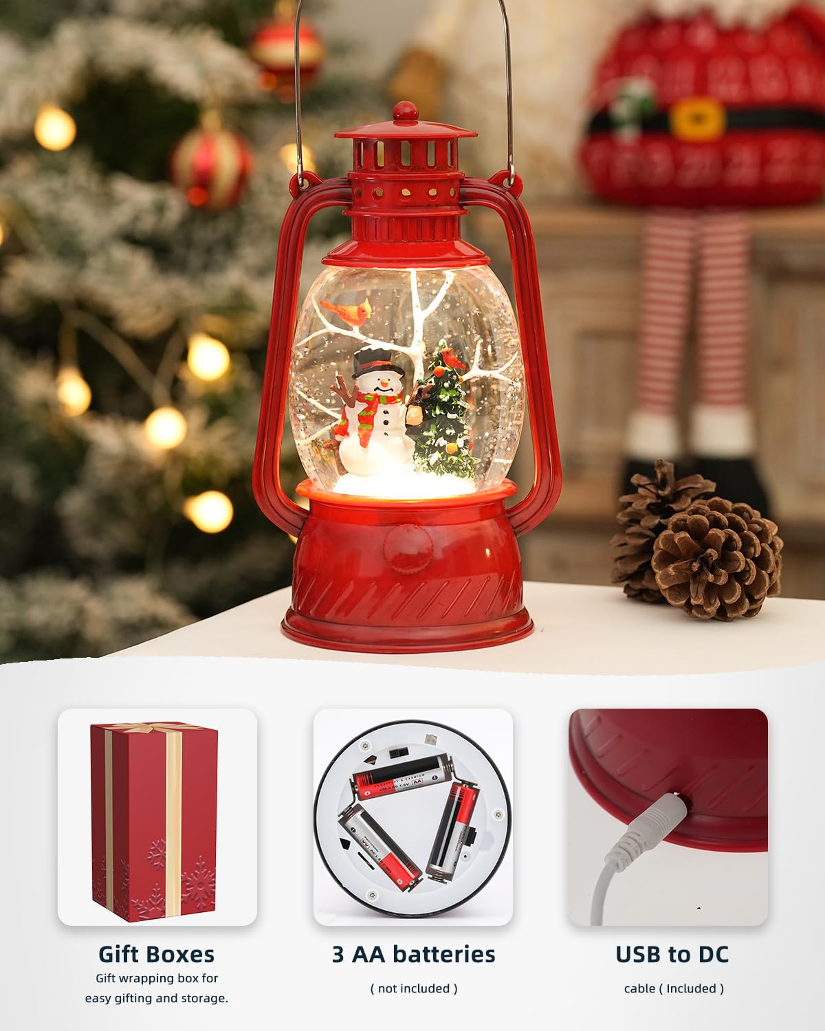 Christmas Decor Christmas Snow Globe Lantern,Snowman Lighted Snow Globes Musical with Swirling Glitter, Battery Powered Christmas Decorations Indoor for Home
