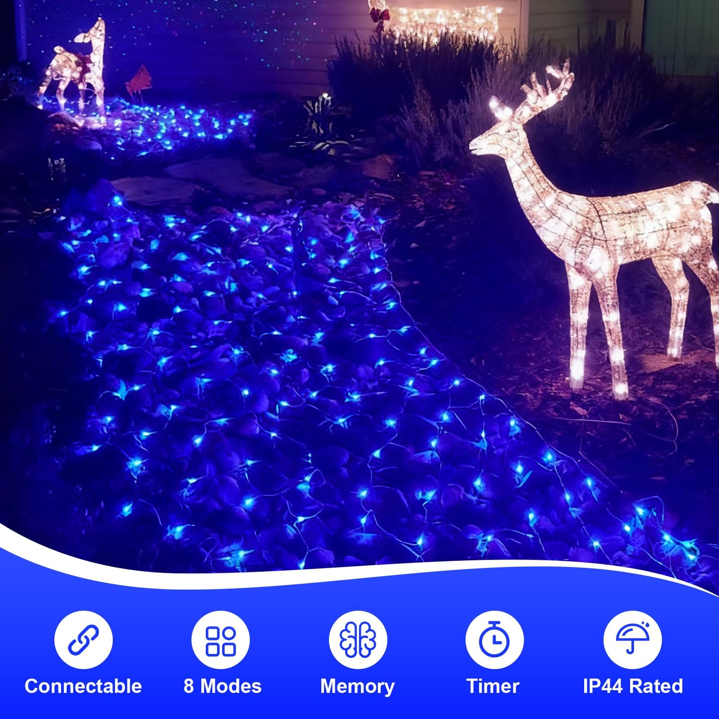 QITONG Net Lights Outdoor Mesh Lights, 12ft x 5ft 360 LED Blue Christmas Light with 8 Modes, Connectable Clear Wire Bush Light Plug in