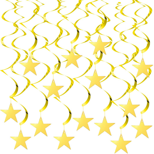 MBAIYO 36Pcs Gold Star Hanging Swirl Decorations,Sparkling Gold Ceiling Swirl Foil Ornaments for Birthday Graduation Wedding Engagement Christmas Decor