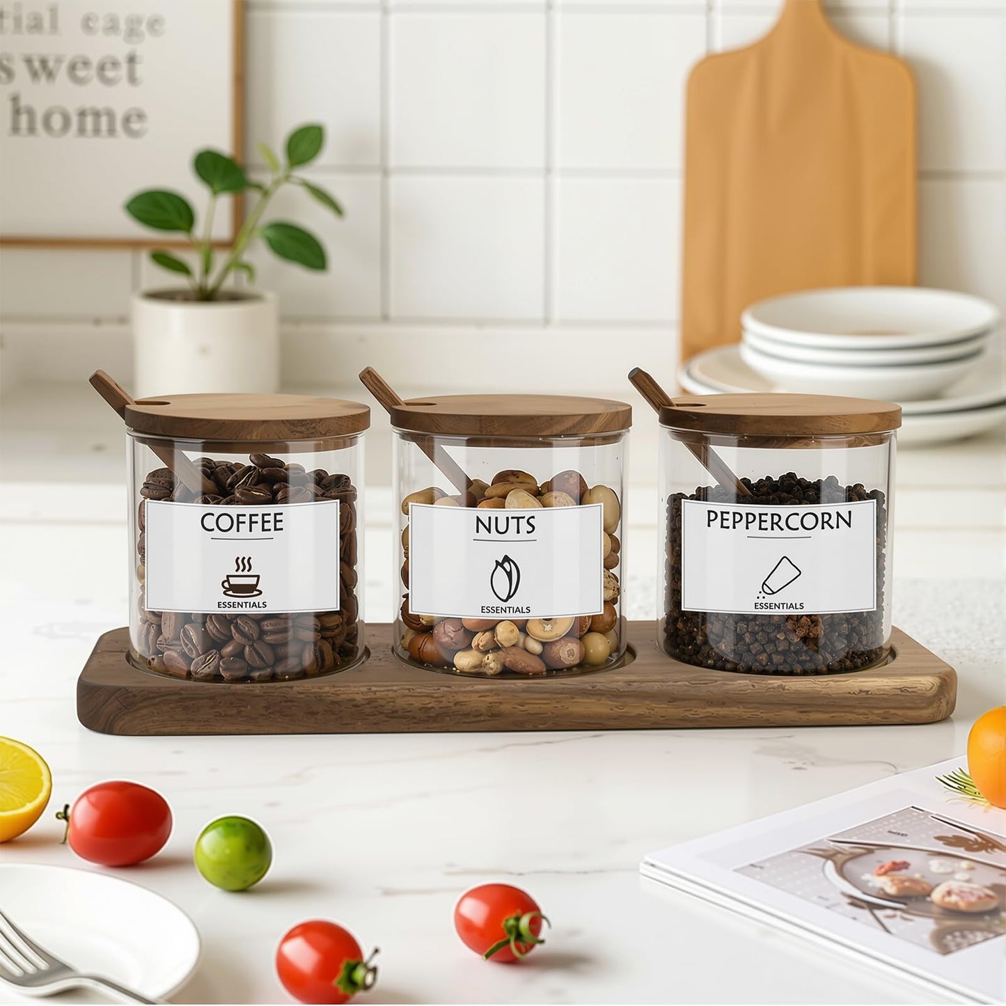JEORGU 3 Pcs Glass Spice Jars with Acacia Wood Lids & Spoons, 350ml Seasoning Containers with Tray, Clear Sugar Salt Pepper Jars with 9 Labels, Classic Kitchen Countertop Storage Set (Acacia Wood)