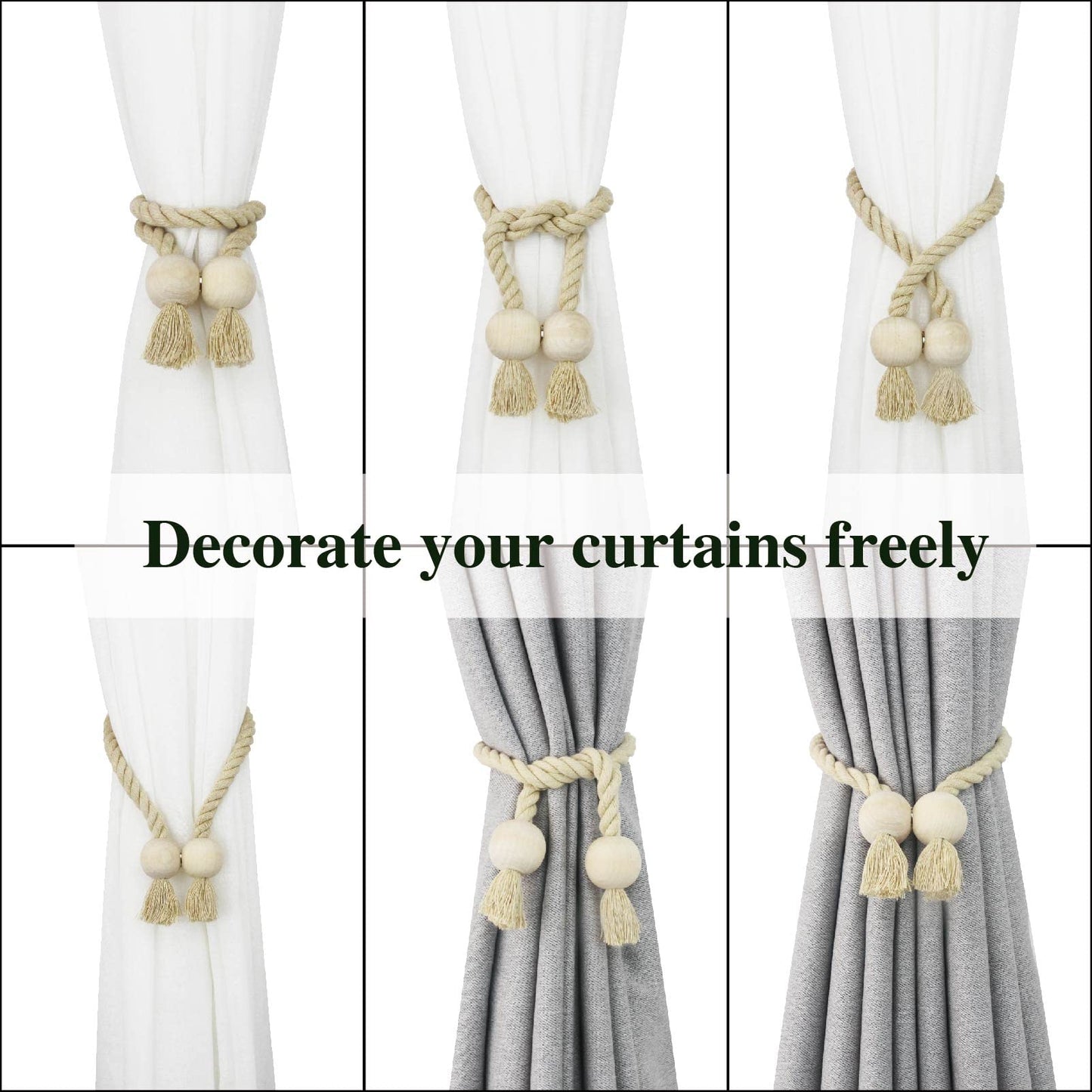 Nieffeiy 2 Pack Magnetic Curtain Tiebacks Cotton Hand Woven Tie Back Decorative Rope Holdbacks for Curtains Draperies No Tools Required, Dark Beige