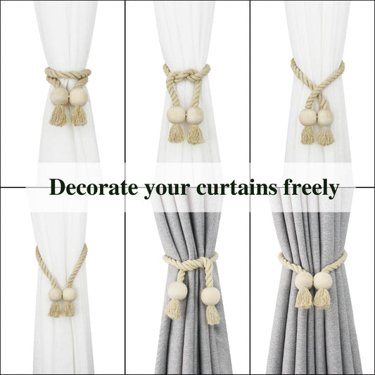 Nieffeiy 2 Pack Magnetic Curtain Tiebacks Cotton Hand Woven Tie Back Decorative Rope Holdbacks for Curtains Draperies No Tools Required, Dark Beige