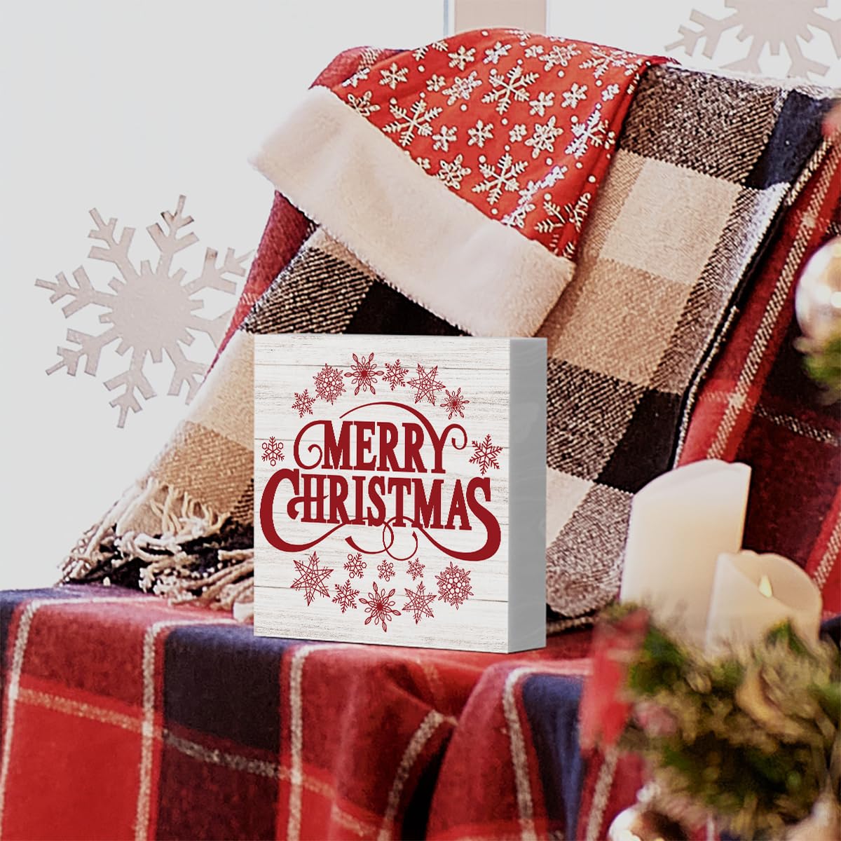 Retro Rustic Winter Merry Christmas with Snowflakes Wood Box Sign, Farmhouse Christmas Santa Artwork Decor, Wood Square Sign Desk Block Signs Home Shelf Office Decoration 5 x 5 Inches