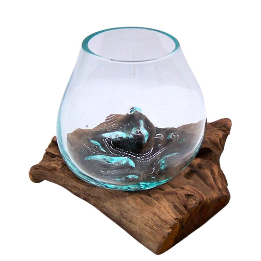 Wowser Small Glass Bowl on Driftwood Figurine, Freestanding Nautical Décor, Beach Themed Decoration, 6.5 Inches