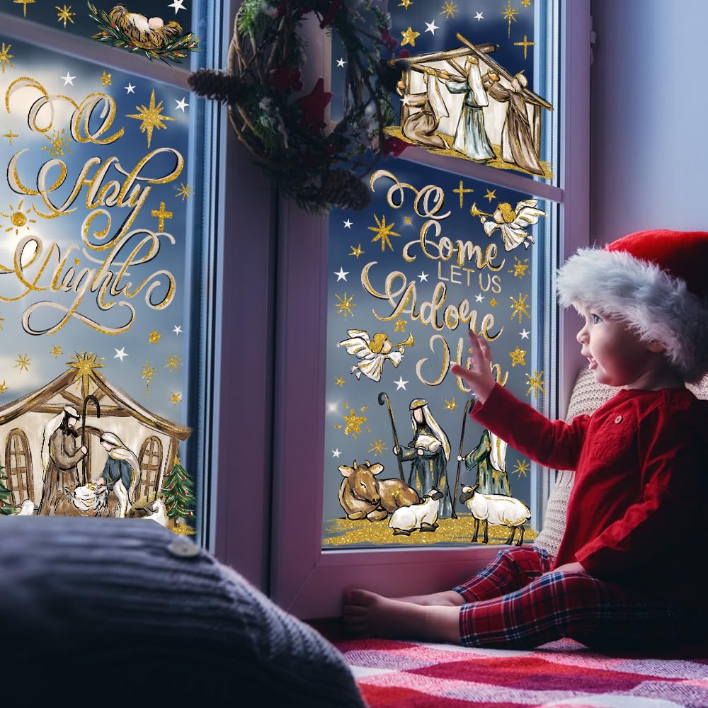 DULEFUN Christmas Window Clings 6 Sheets Jesus Nativity Window Stickers Decals Double-Sided Christmas Glass Window Decoration for Xmas Home Kitchen Office Decor Winter Holiday New Year