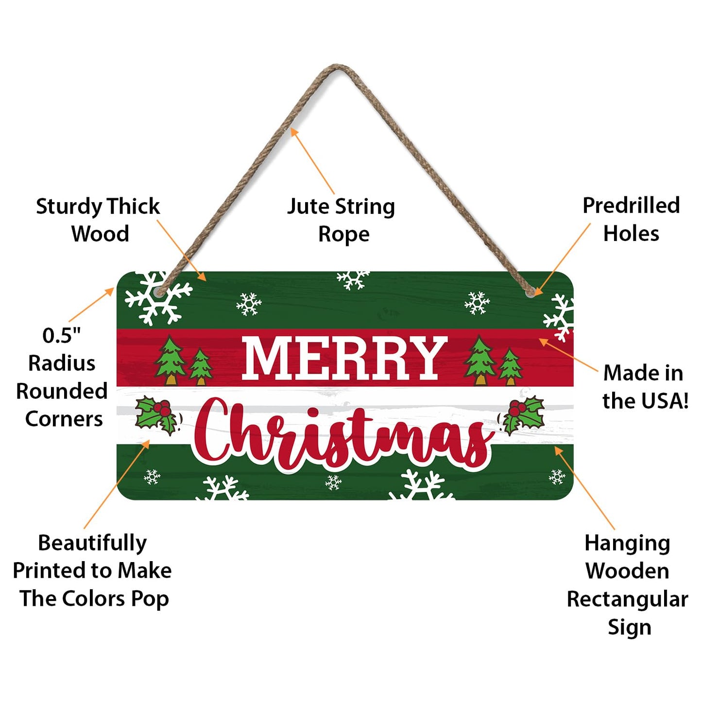 SmartSign 'Merry Christmas' Wooden Hanging Sign with Rope - 6"x12" Holiday Decor For Home/Cafe/Bar/Gifting, Snowflakes/Christmas Tree Prints on Rustic Background, USA-Made