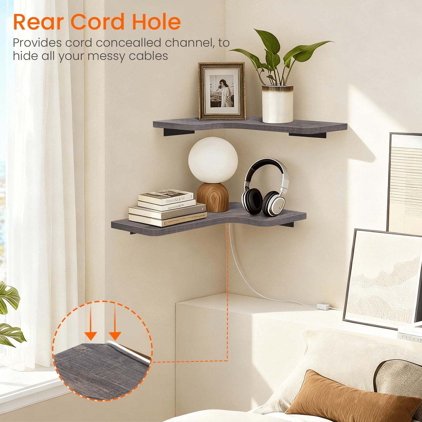 Homode Corner Shelves Wall Mounted, Set of 3 Floating Corner Shelves with Cord Hole, 3 Tier Wooden Hanging Shelves for Storage and Display, for Bathroom Kitchen Living Room, Rustic Grey