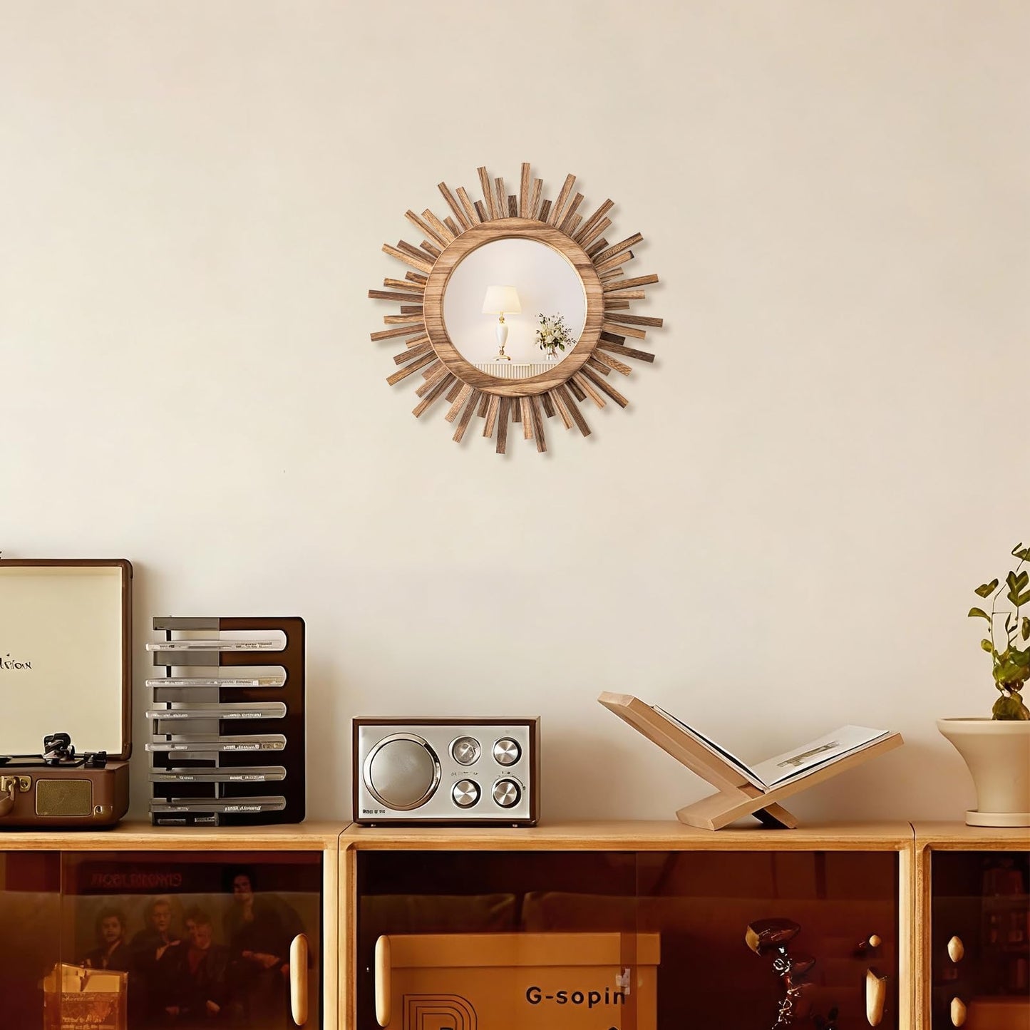 amoard 12 Inch Boho Sunburst Mirror, Round Wooden Wall Decor Starburst Sun Mirror for Bedroom, Living Room, Bathroom, Hallway, Balcony, Farmhouse Entryway, Housewarming Gift