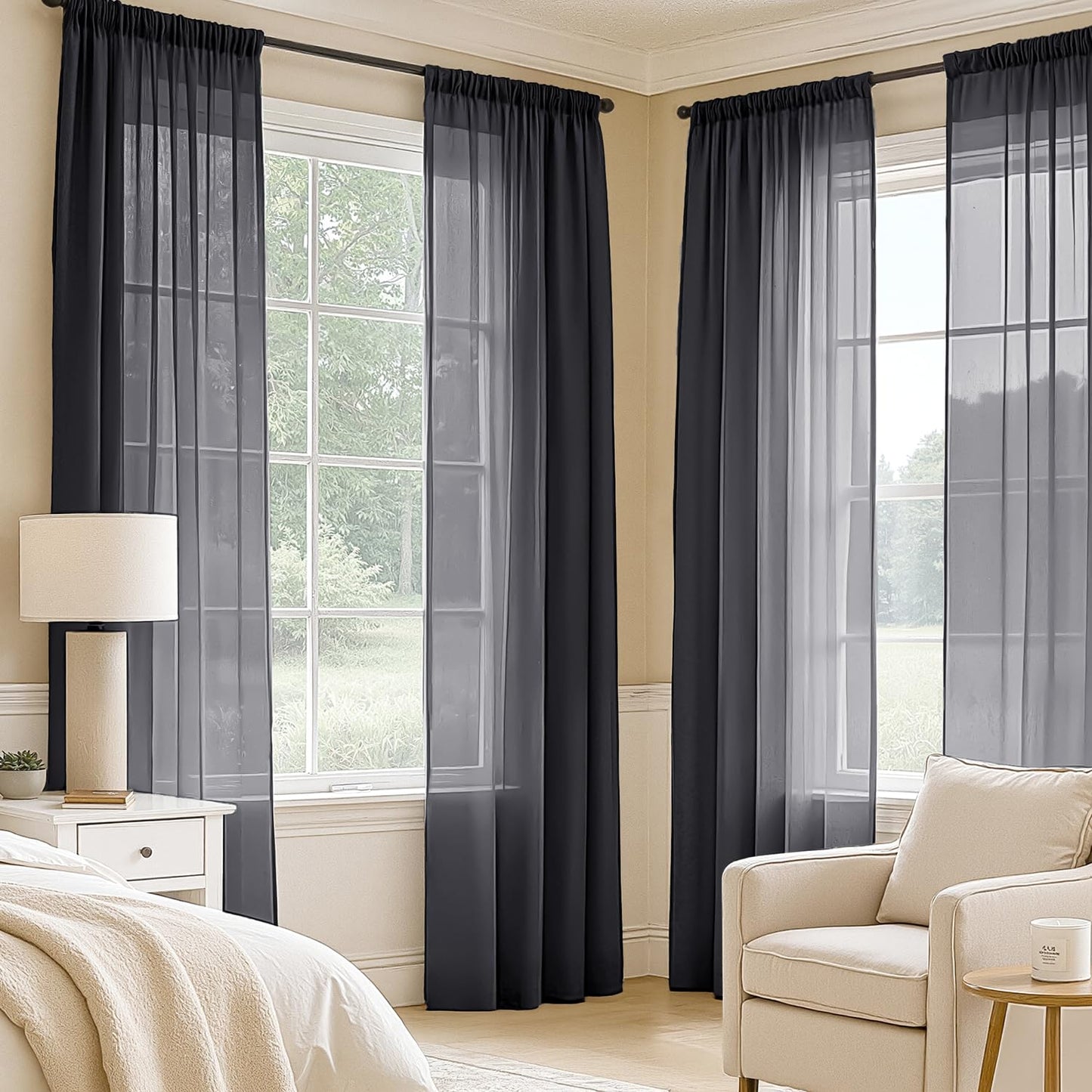 MIULEE Black Sheer Curtains 84 Inches Long, 4 Panels Set, Light Filtering Rod Pocket Voile Halloween Drapes for Living Room and Bedroom, Airy Soft Fabric Window Treatments, 42 x 84 Inches