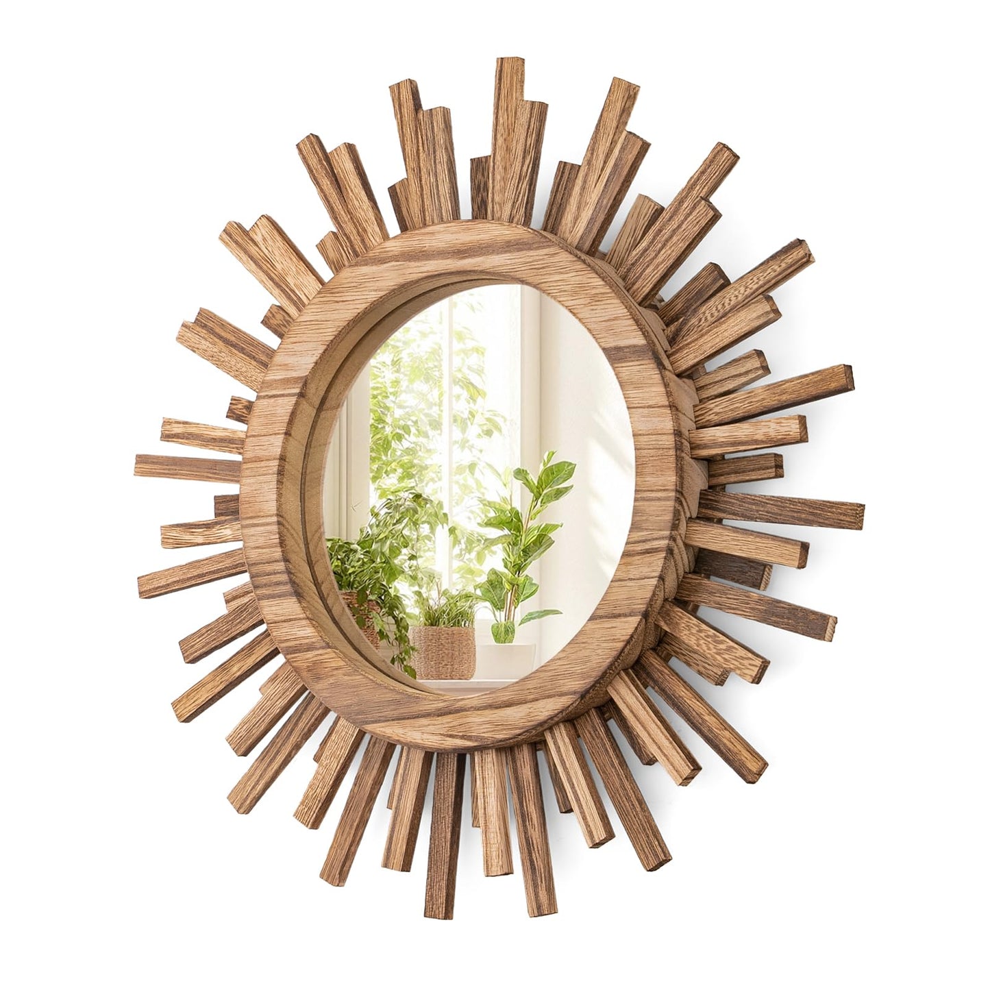 amoard 12 Inch Boho Sunburst Mirror, Round Wooden Wall Decor Starburst Sun Mirror for Bedroom, Living Room, Bathroom, Hallway, Balcony, Farmhouse Entryway, Housewarming Gift