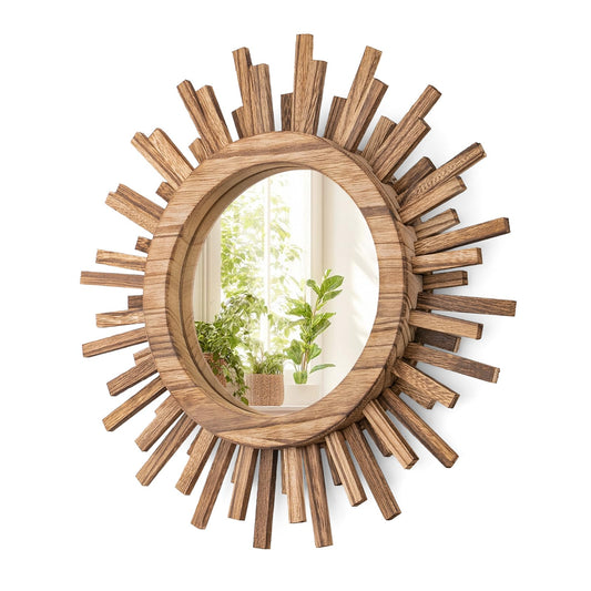 amoard 12 Inch Boho Sunburst Mirror, Round Wooden Wall Decor Starburst Sun Mirror for Bedroom, Living Room, Bathroom, Hallway, Balcony, Farmhouse Entryway, Housewarming Gift
