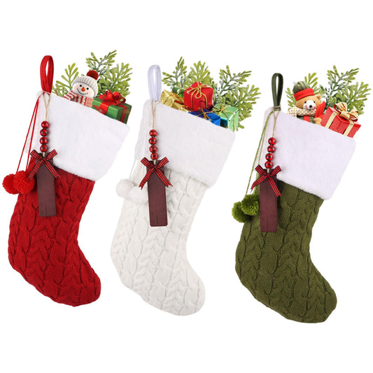 CCINEE Christmas Stockings,3 Pack Large Cable Knitted Stockings Personalized Xmas Stocking with Wooden Name Tags for Fireplace Home Holiday Christmas Party Hanging Decoration
