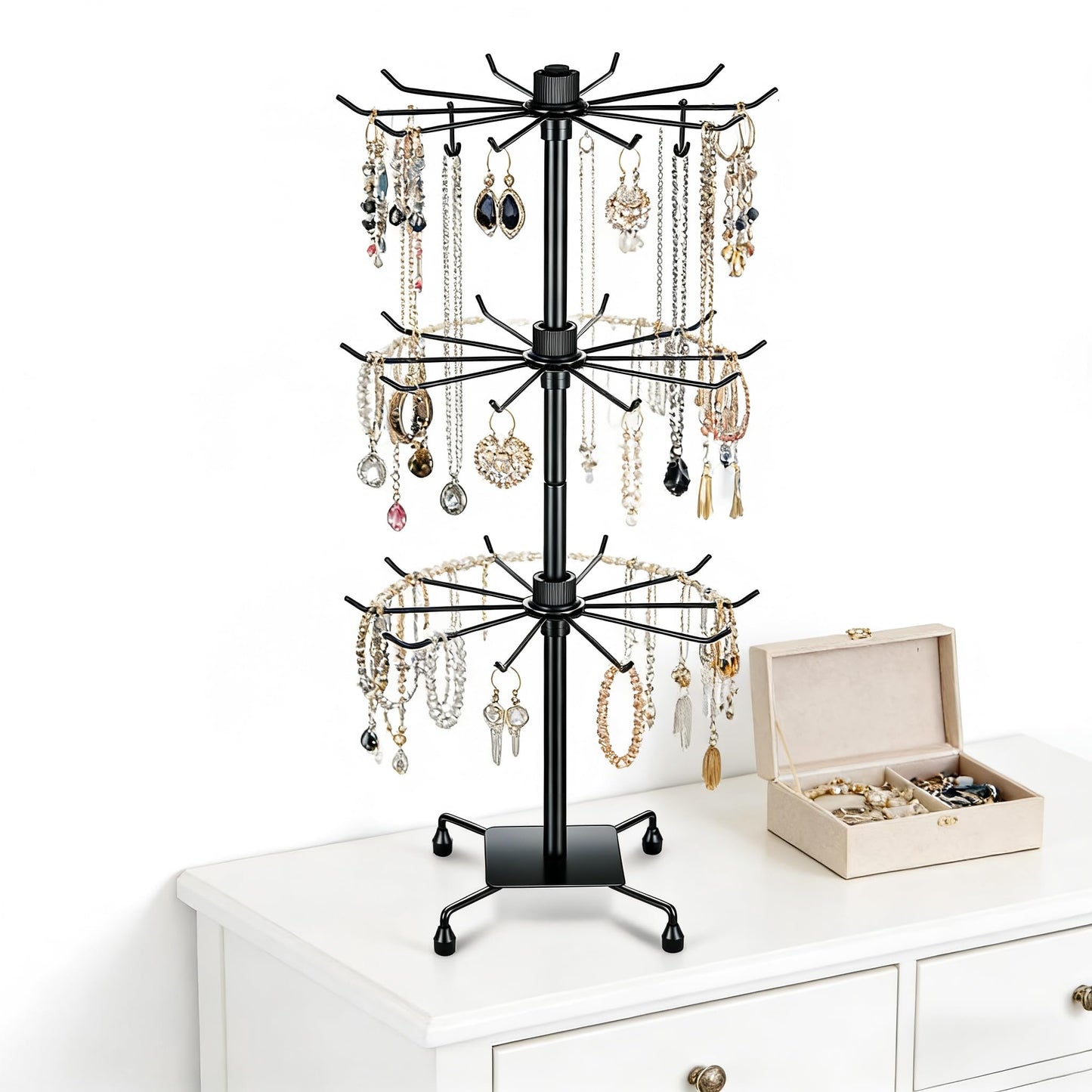 bahforam 2 Pcs 3-Tier Rotating Jewelry Display Stand, 28.35 inch Tall Floor-Standing Metal Rack with 60 Hooks Total (30 per Stand), Adjustable Tiers, Black - Necklaces, Earrings, Keychains