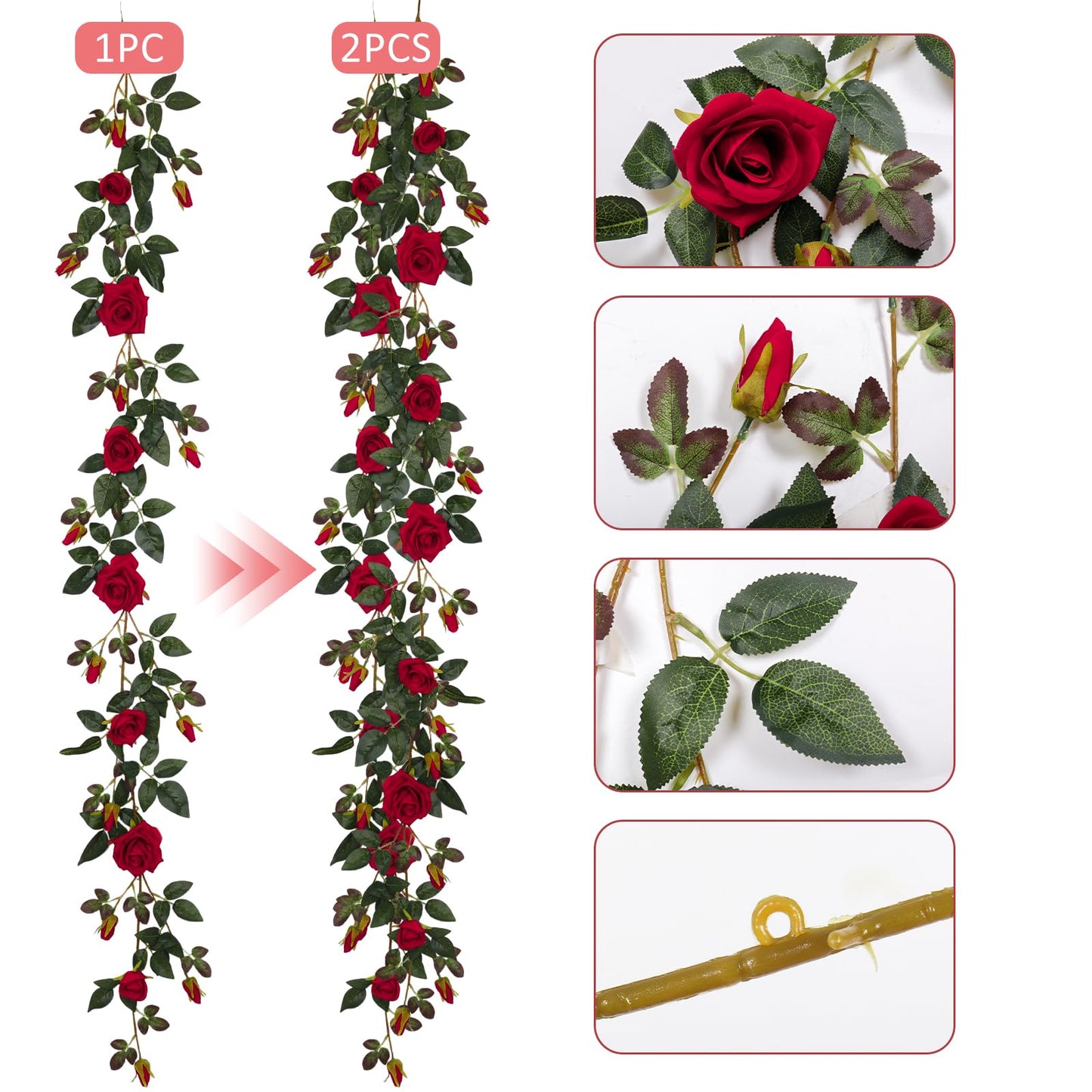 RECUTMS 6FT Artificial Red Rose Garland Fake Rose Ivy Vine with Greenery Foliage Hanging Flower Vine for Wedding Arch, Table, Home, Garden, Birthday, Valentine’s Day Party Decoration (Red)