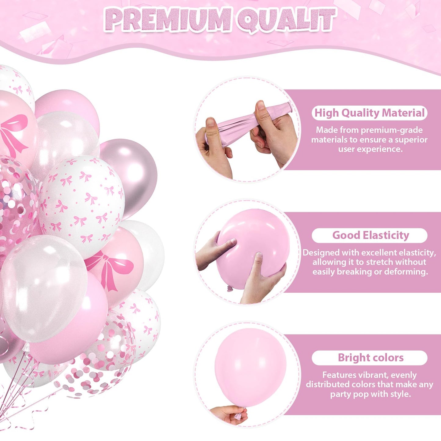 Pink Bow Balloons, 60pcs Pink and White Balloons, Bow Printed Balloon Metallic Confetti Balloon For Girls Women Princess Coquette Birthday Bridal Baby Shower Party Engagement Wedding Anniversary Decor