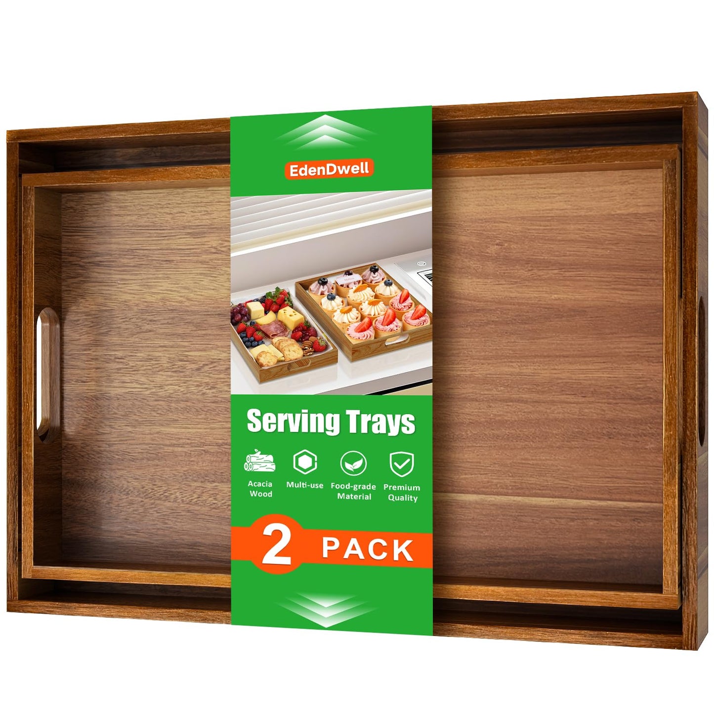EdenDwell Acacia Serving Trays - 2 Pack, Acacia Wood Serving Platterss, Wood Serving Tray, Decorative Trays for Breakfast, Brunch, Dinner, Coffee Table, Party, Kitchen-M